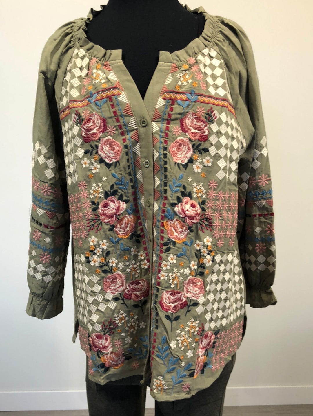 Olive Multi Shaped Embroidered Top