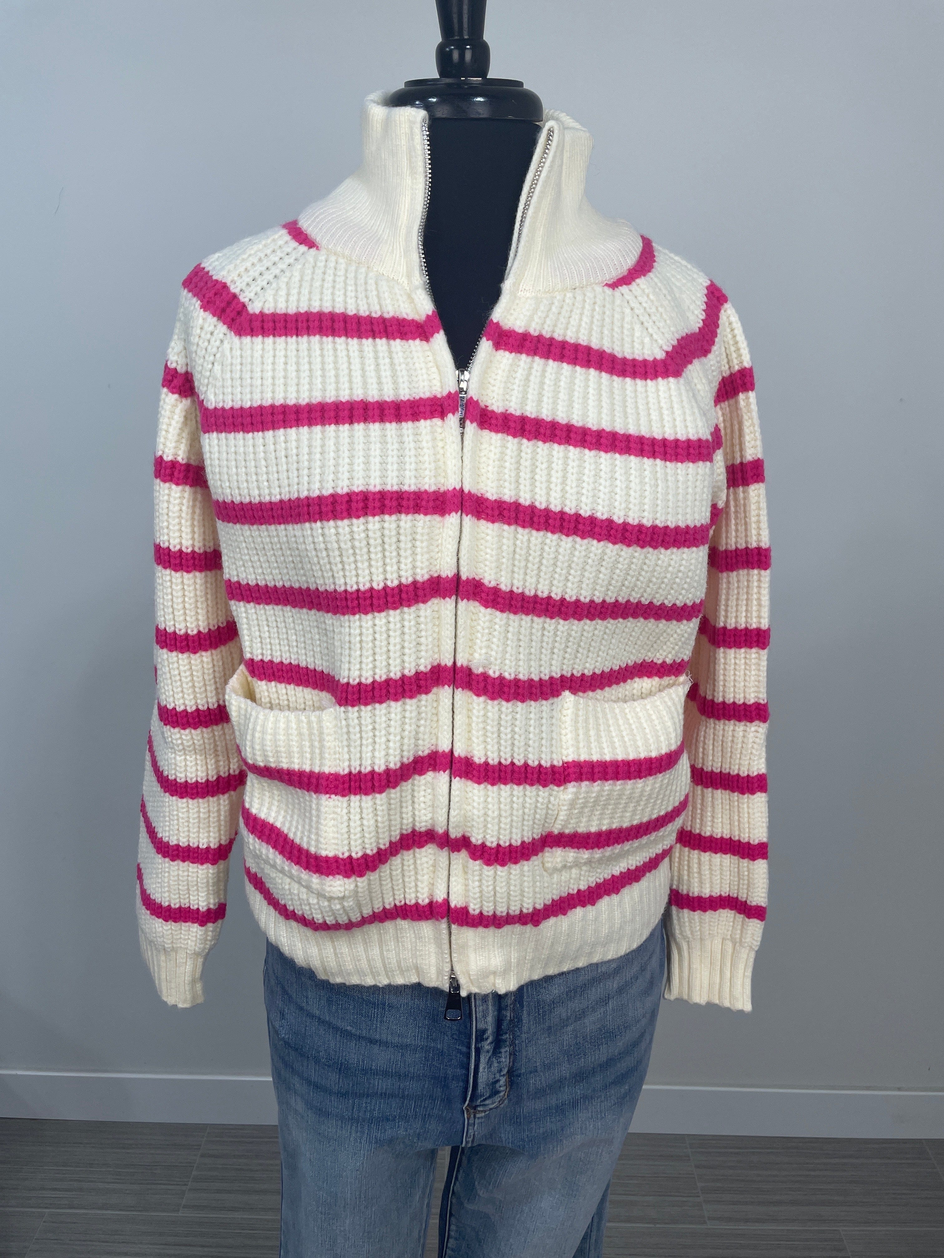 Ivory Zip Up Colorblock Stripe Sweater