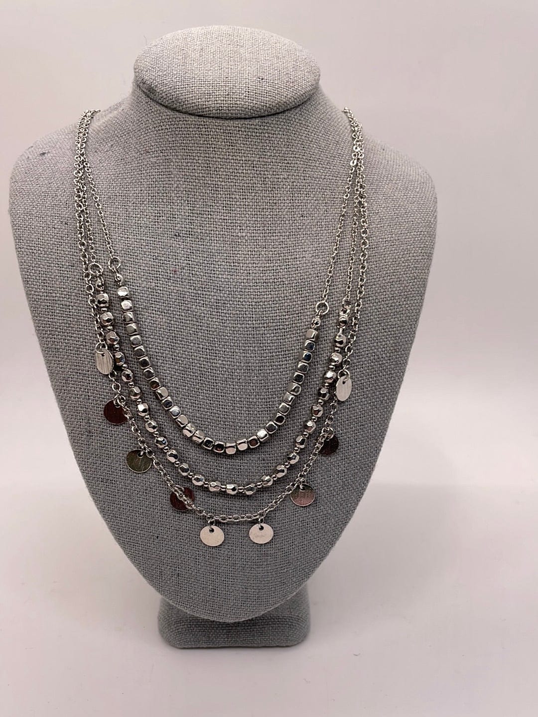 Silver Triple Layer Disc Charm Necklace