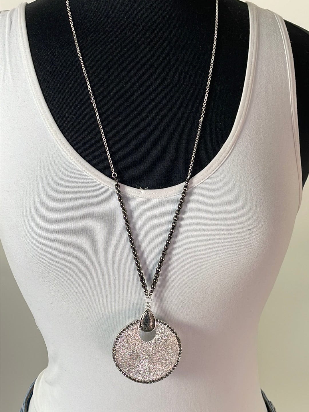 Gray Disc Pendant Necklace W/ Stones