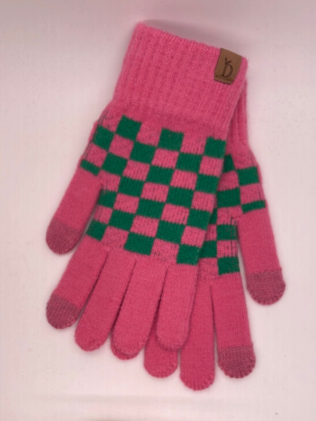 Pink Check Pattern Knit Gloves
