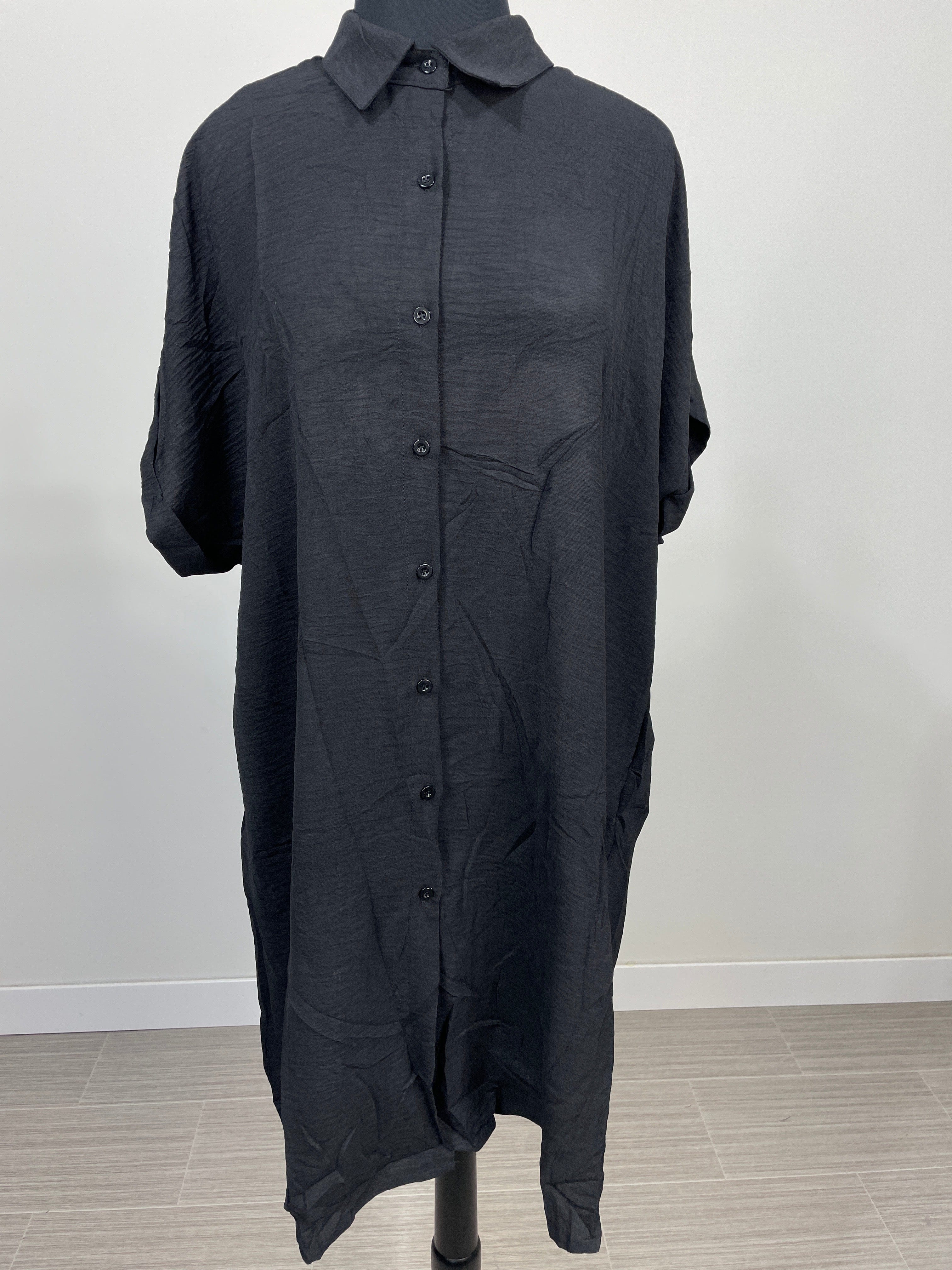 Black Rolled Sleeve Button Dress