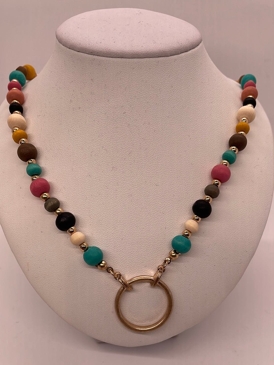 Multi Wood Bead & Gold Circle Necklace