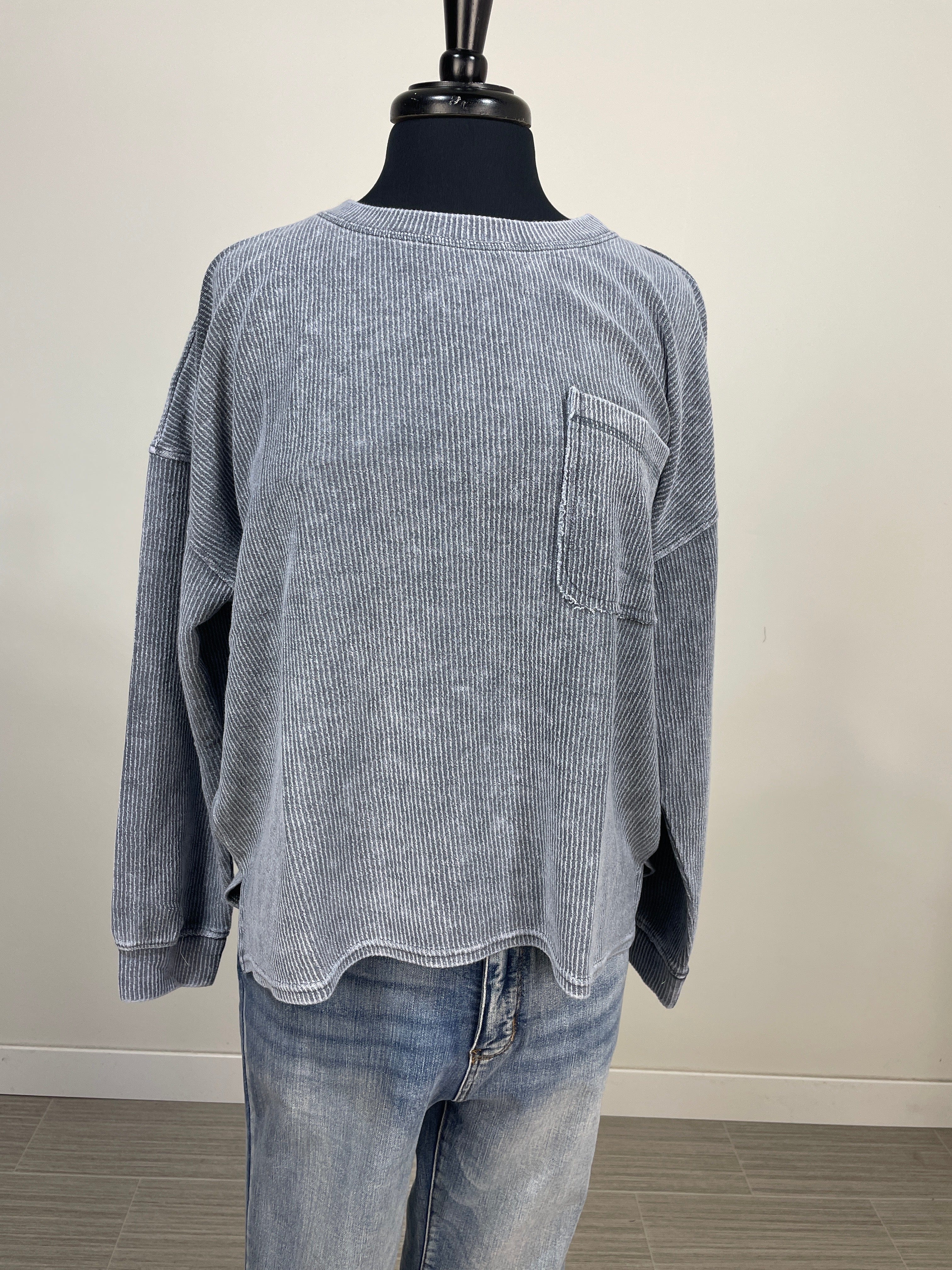Denim Ribbed Pocket Pullover