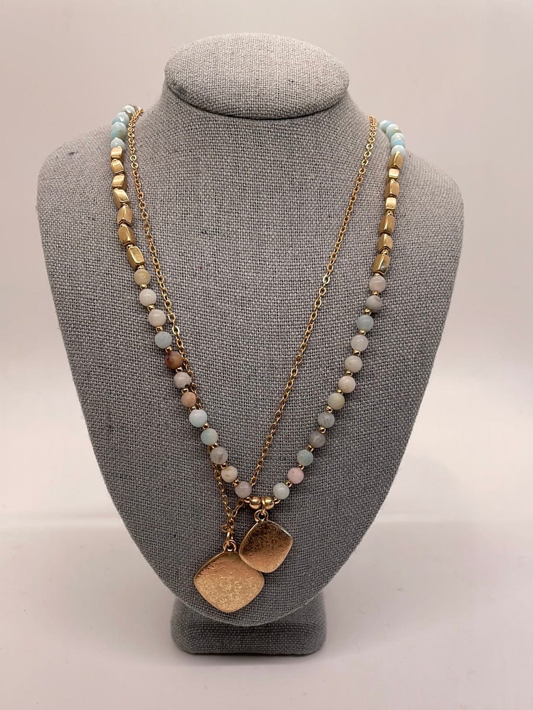 Mint Stone Beaded Square Pendant Necklace