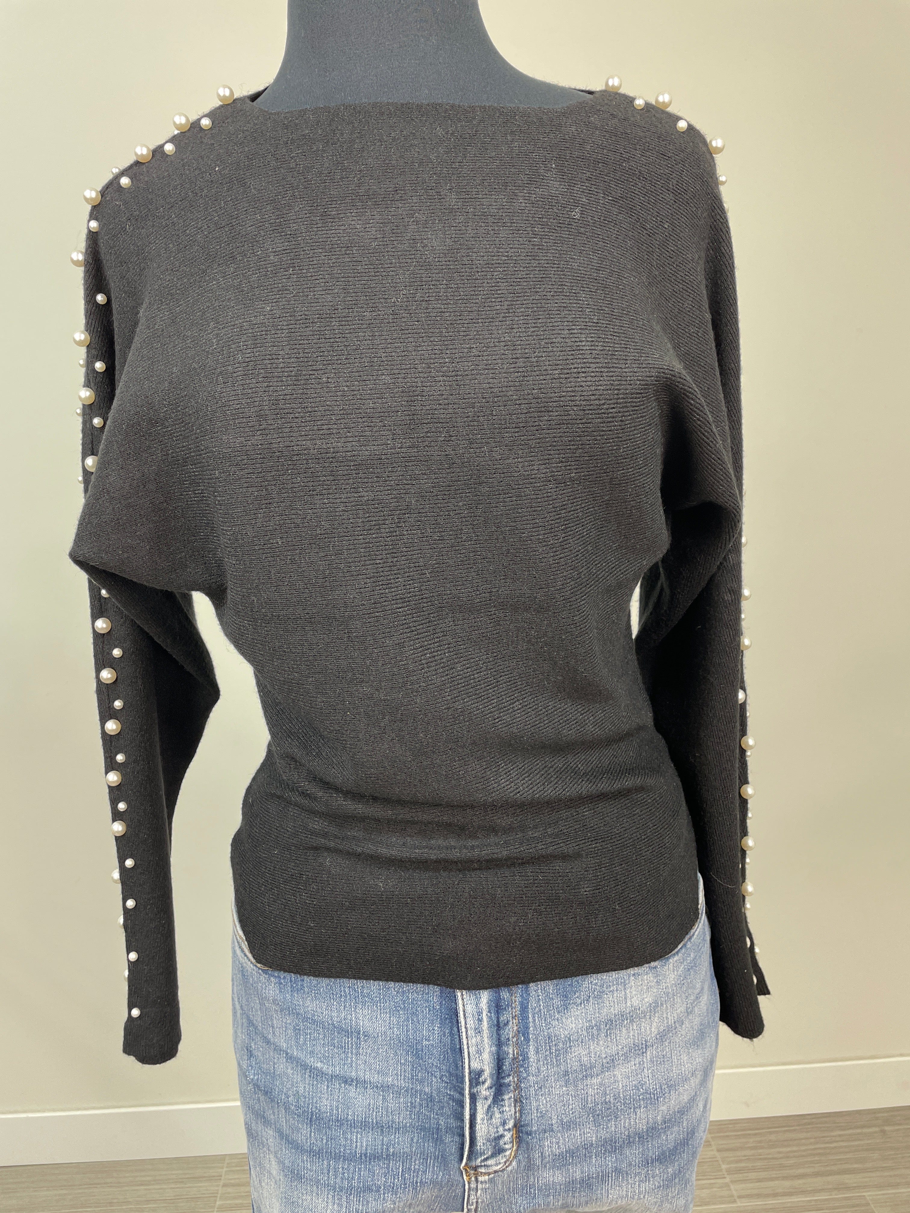 Black Sweater with Pearl Detail