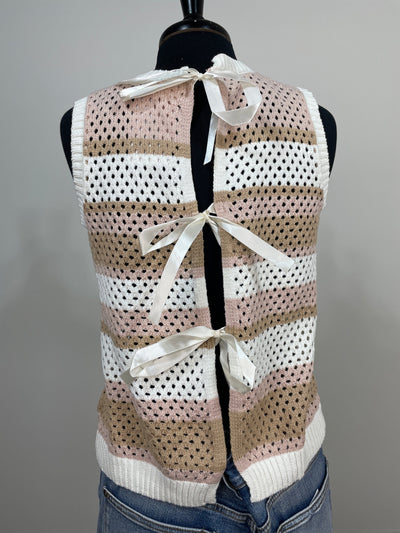 Pink & Tan Stripe Crochet Tie Back Tank Sweater