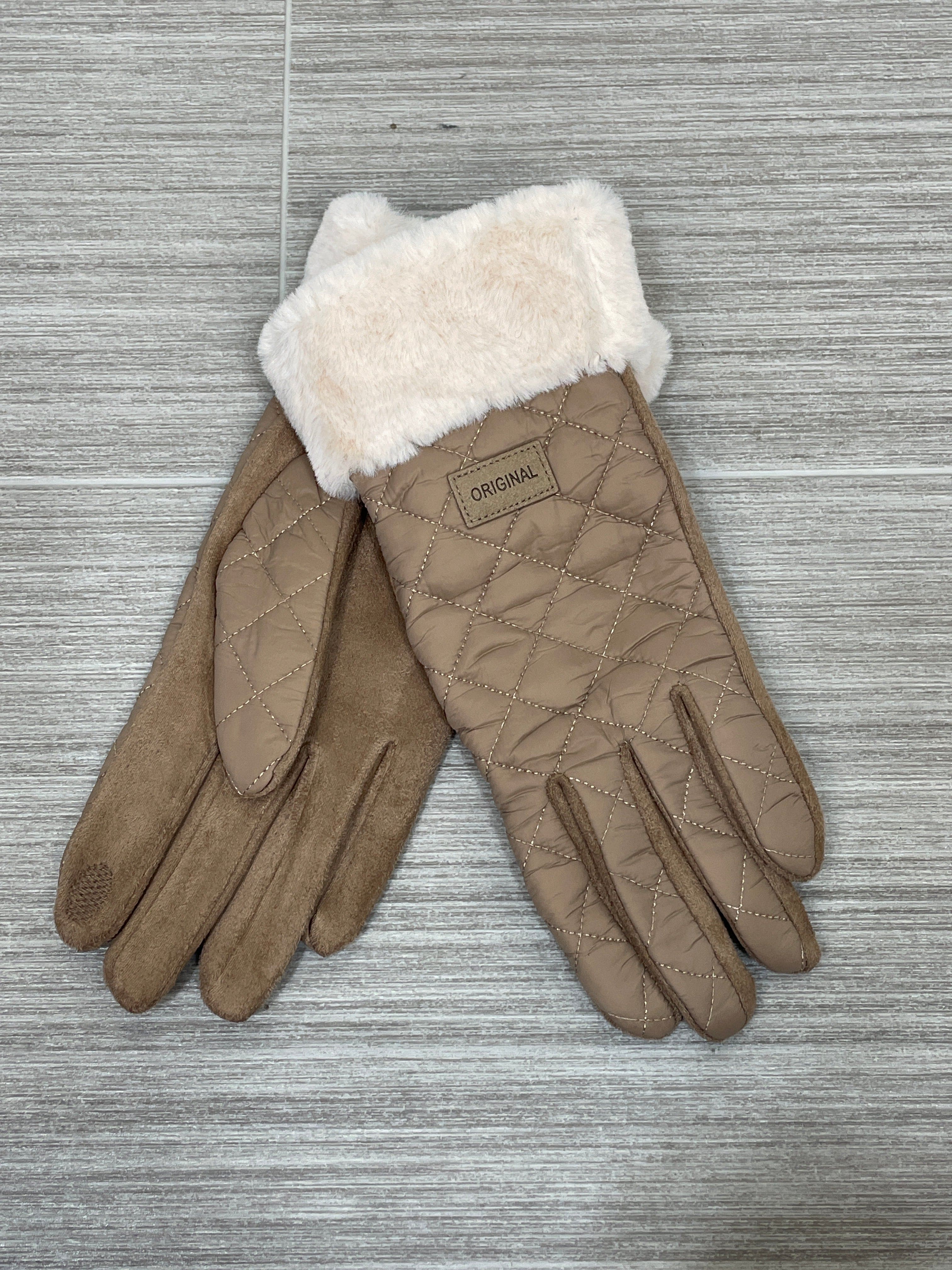 Khaki Quilted Texture Faux Fur Cuff Glove