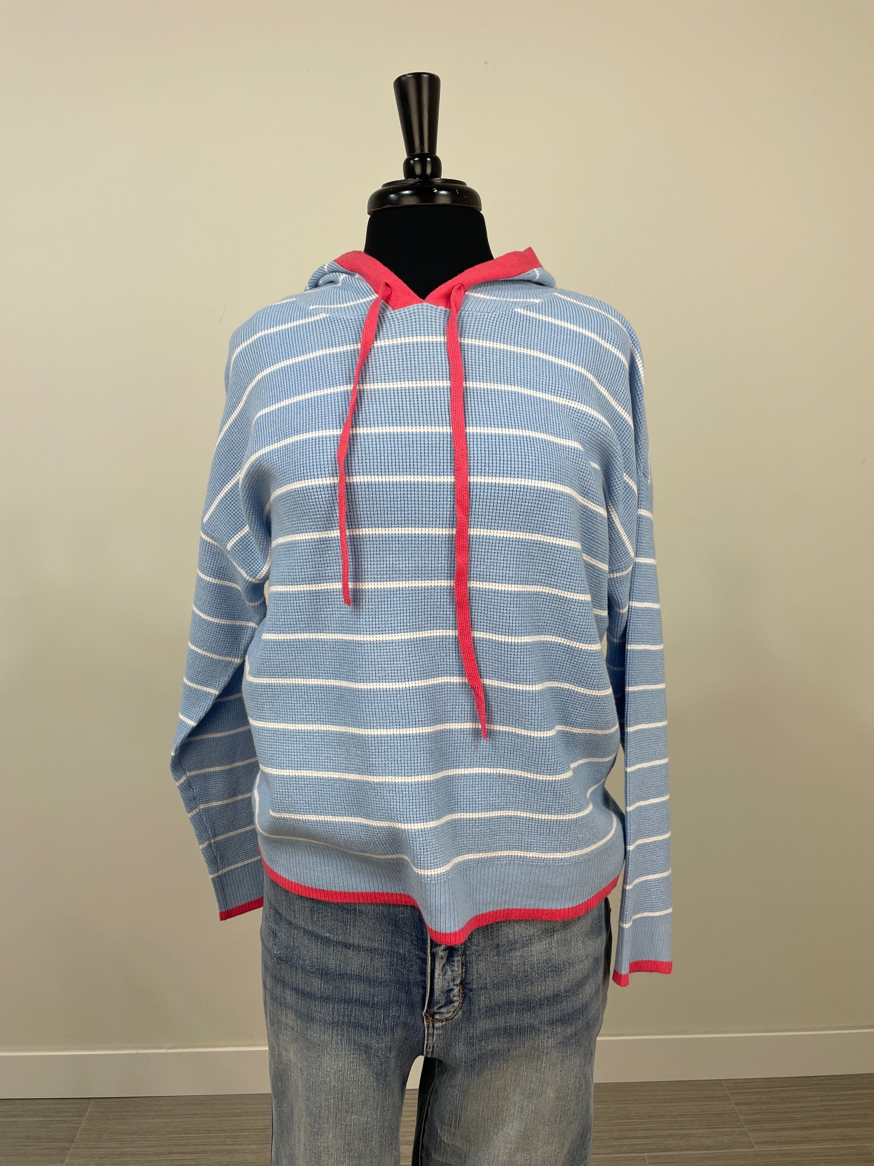 Light Blue Mini Waffle Texture Stripe Hoodie Pullover