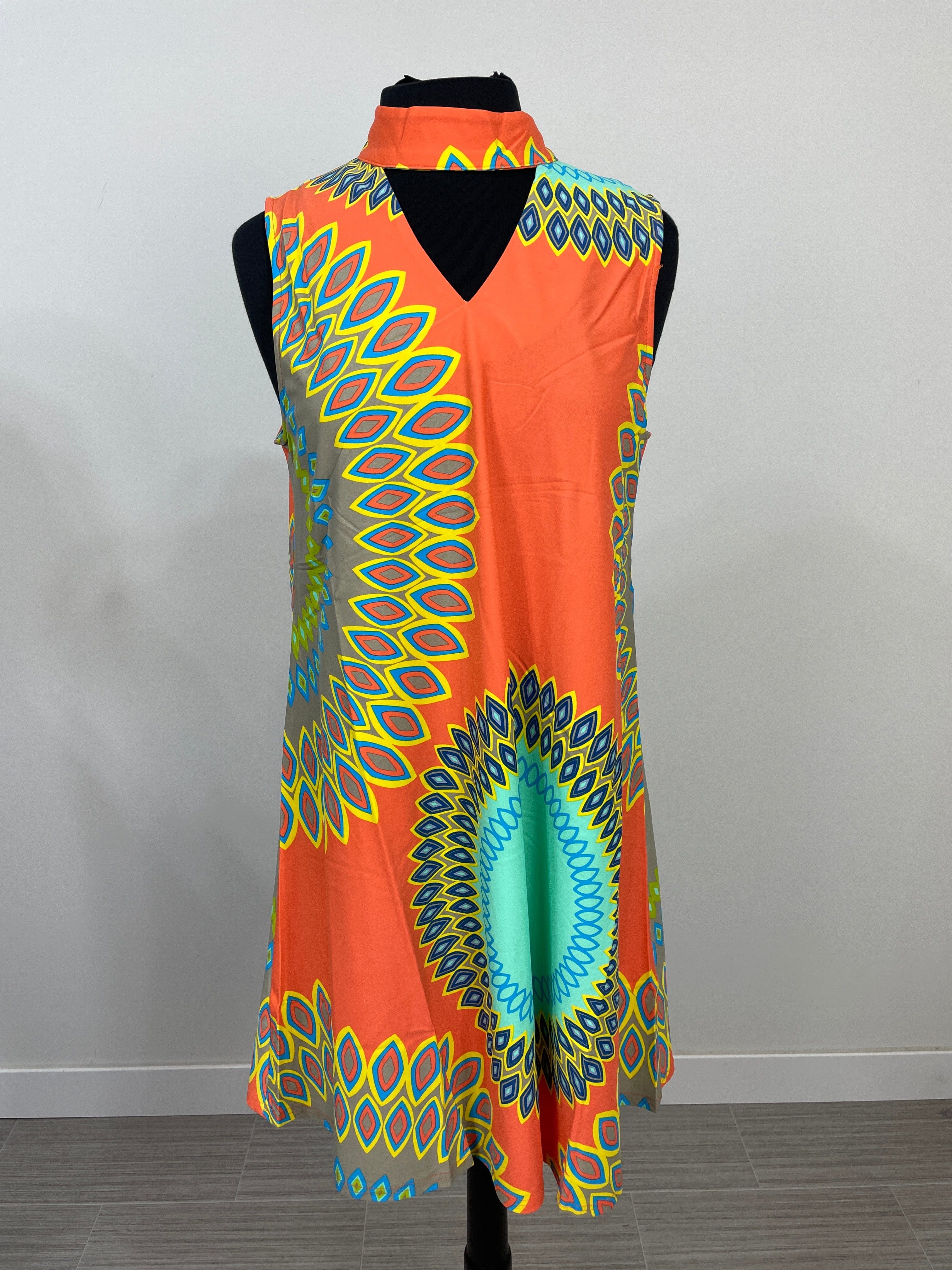 Orange & Blue Madallion Dorothy High Neck Dress