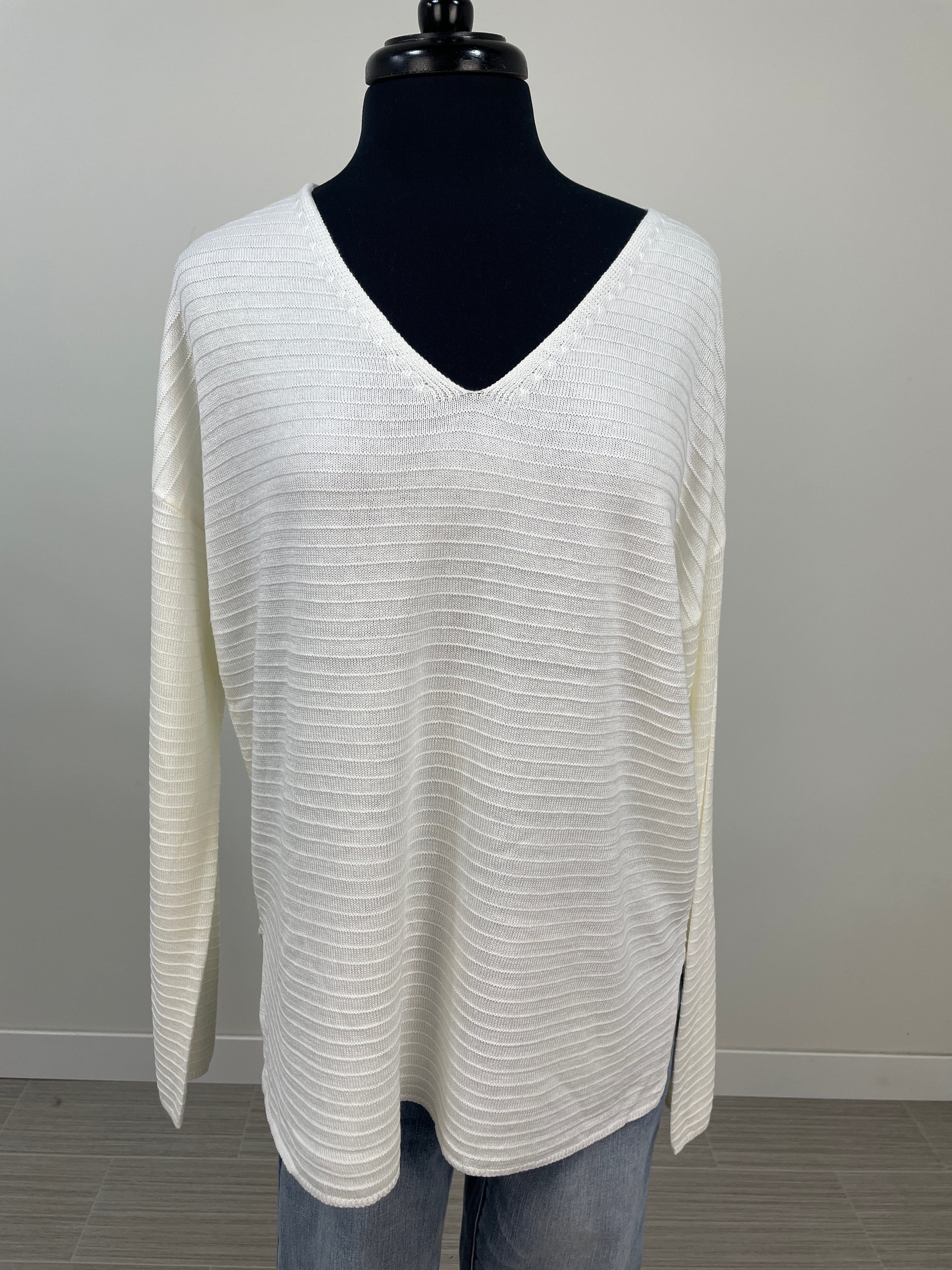Ivory Textured Stripe V-Neck Sweater
