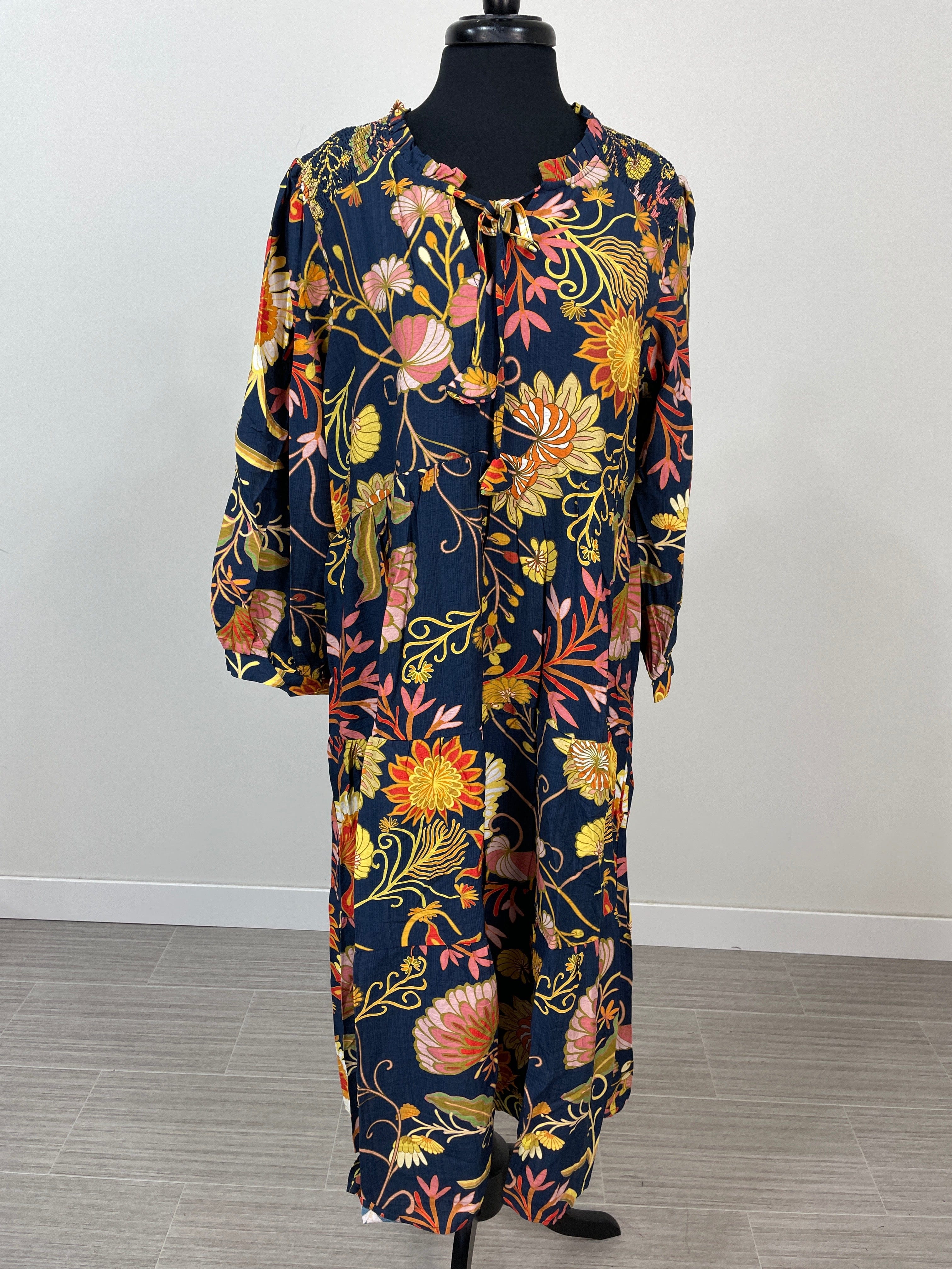 Navy Floral Front Tie Midi Dress