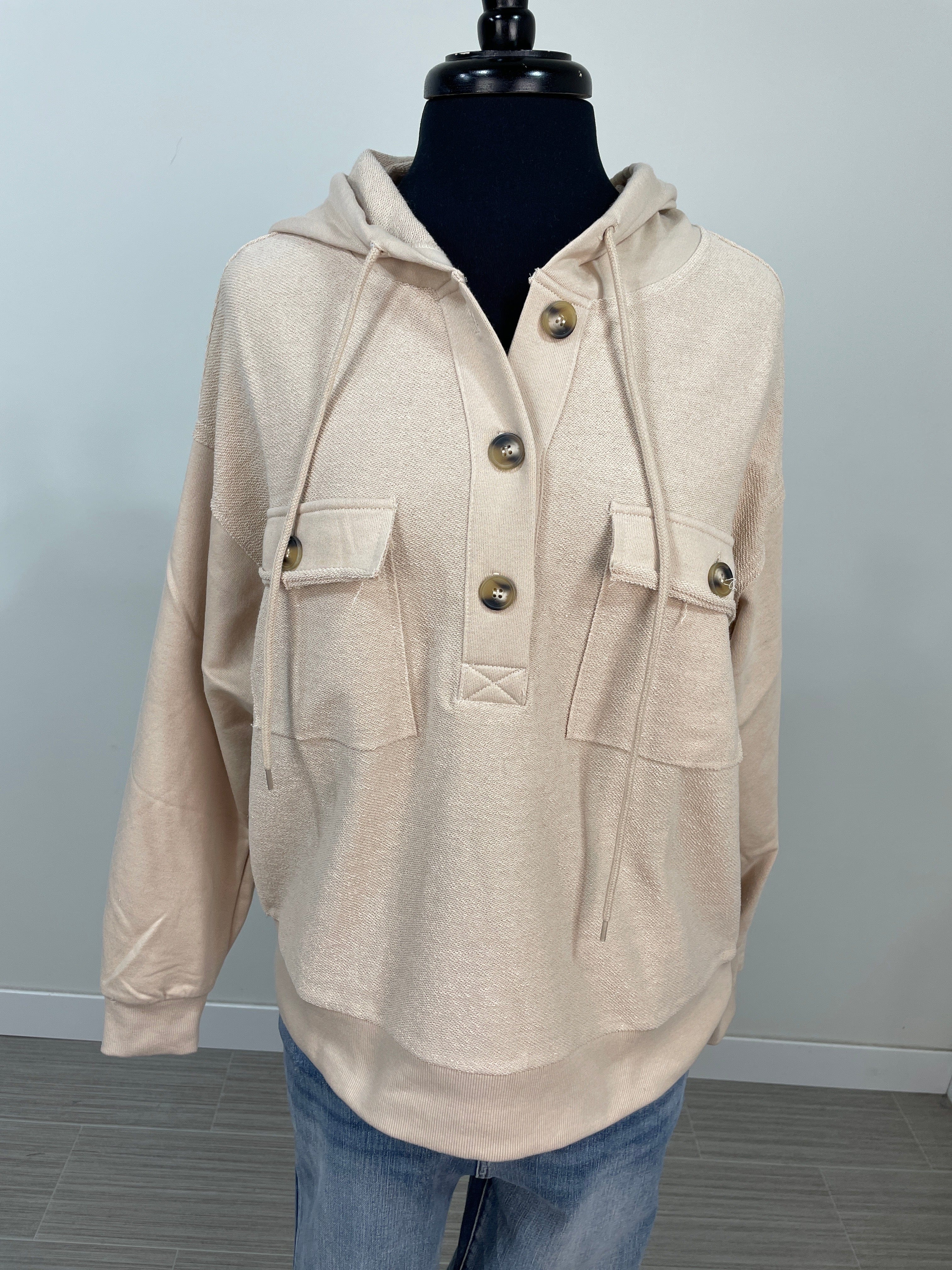 Oatmeal Button Detail Hooded Terry Top