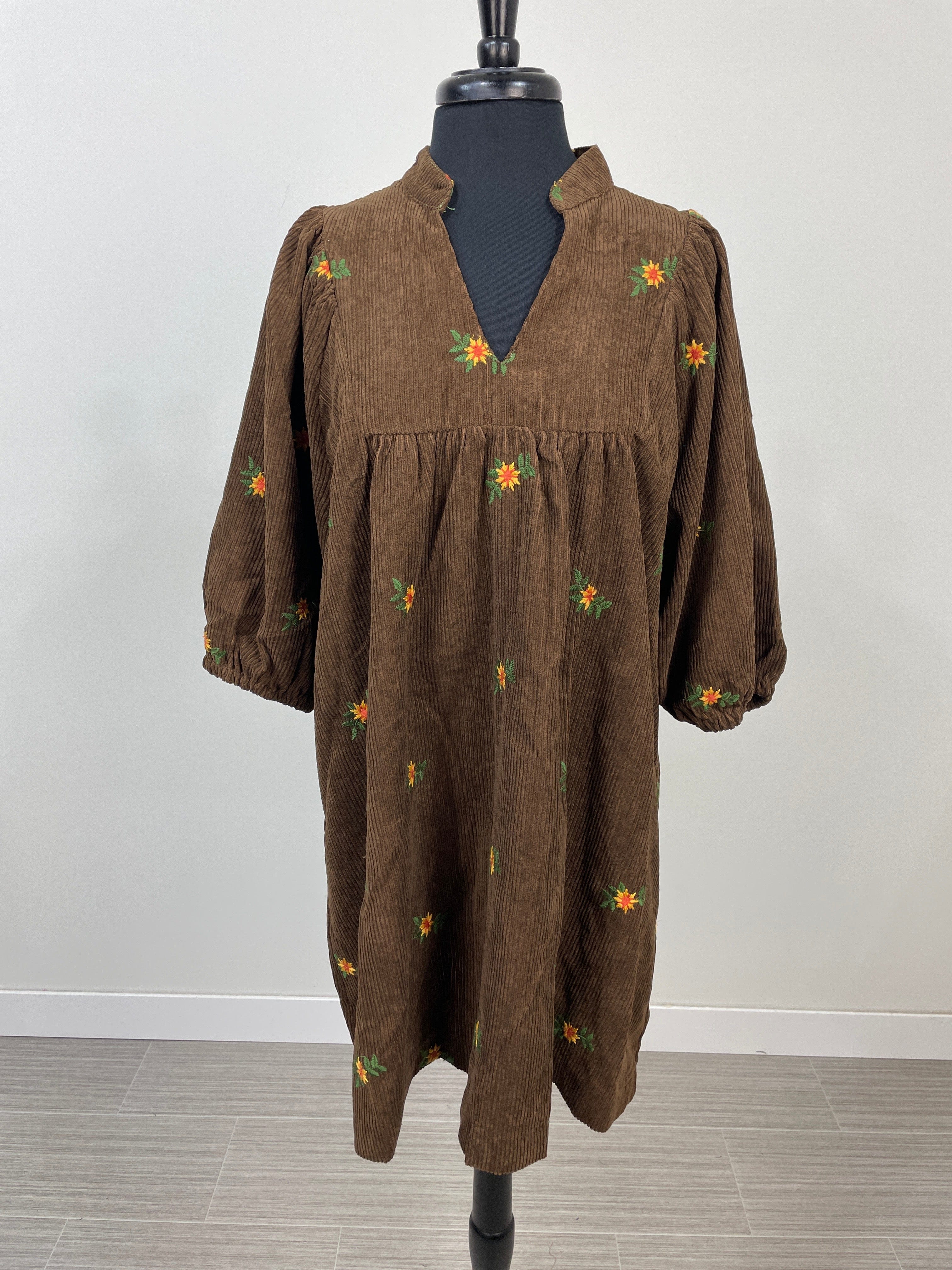 Brown Corduroy Embroidered Dress