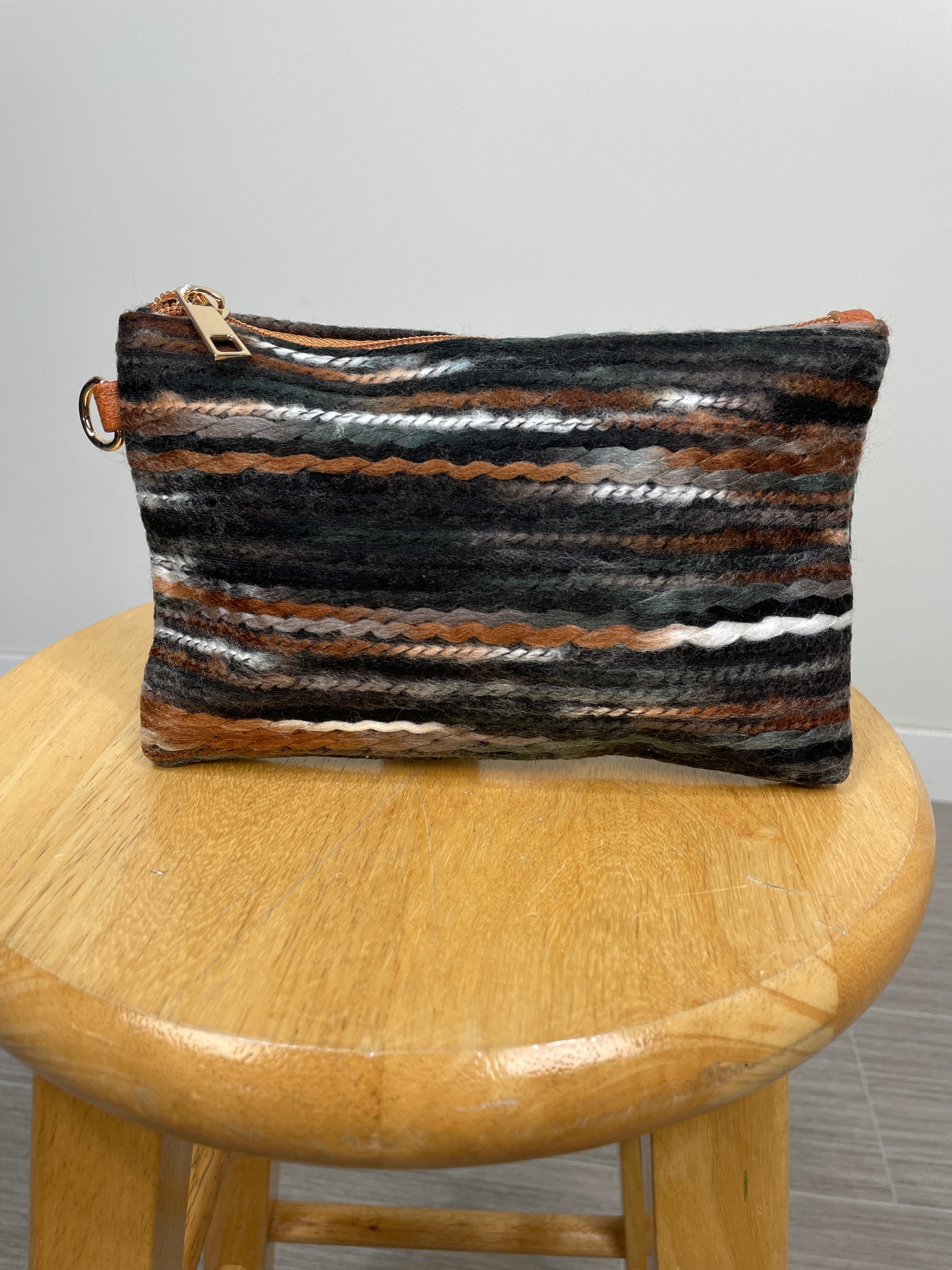 Brown Wavy Yarn Wristlet Pouch Bag