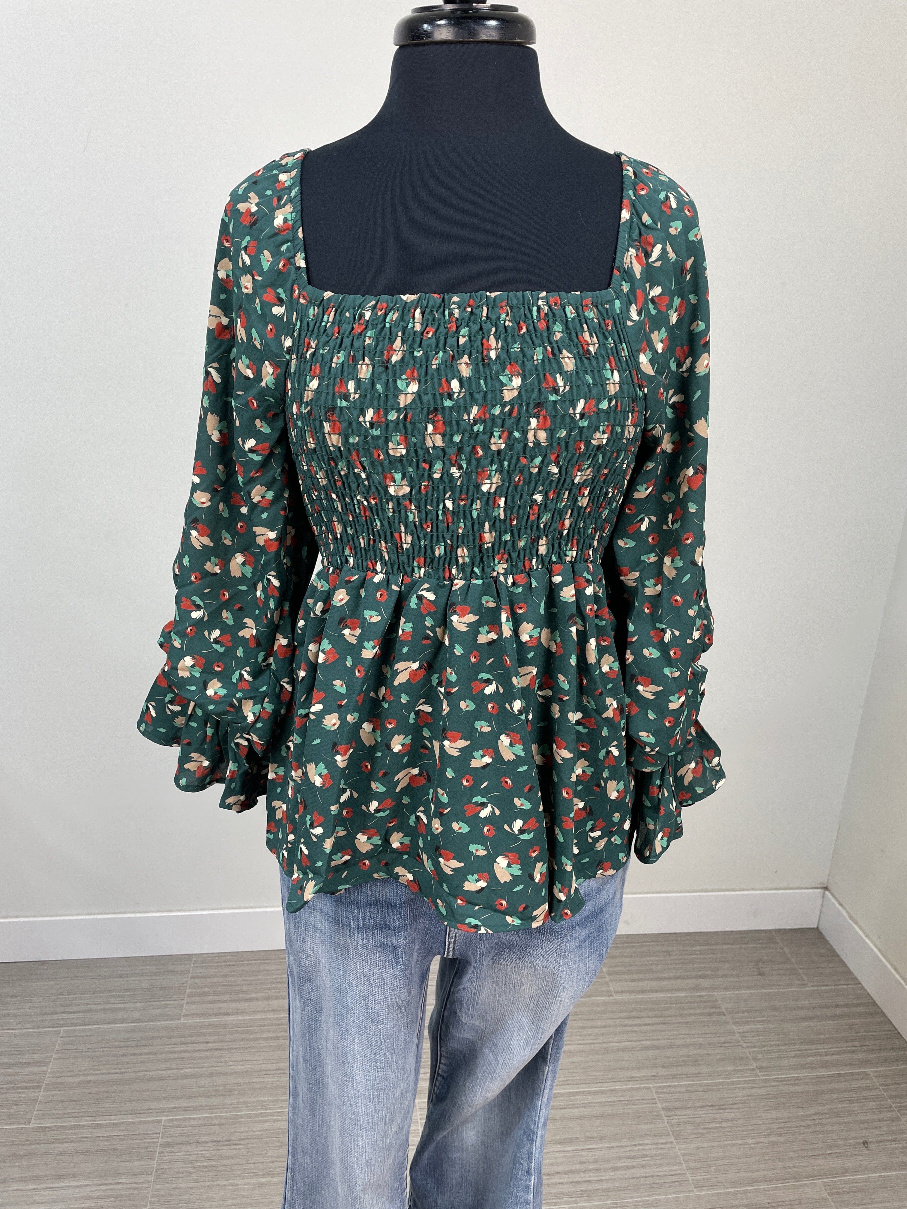 Forest Green Floral Blouse