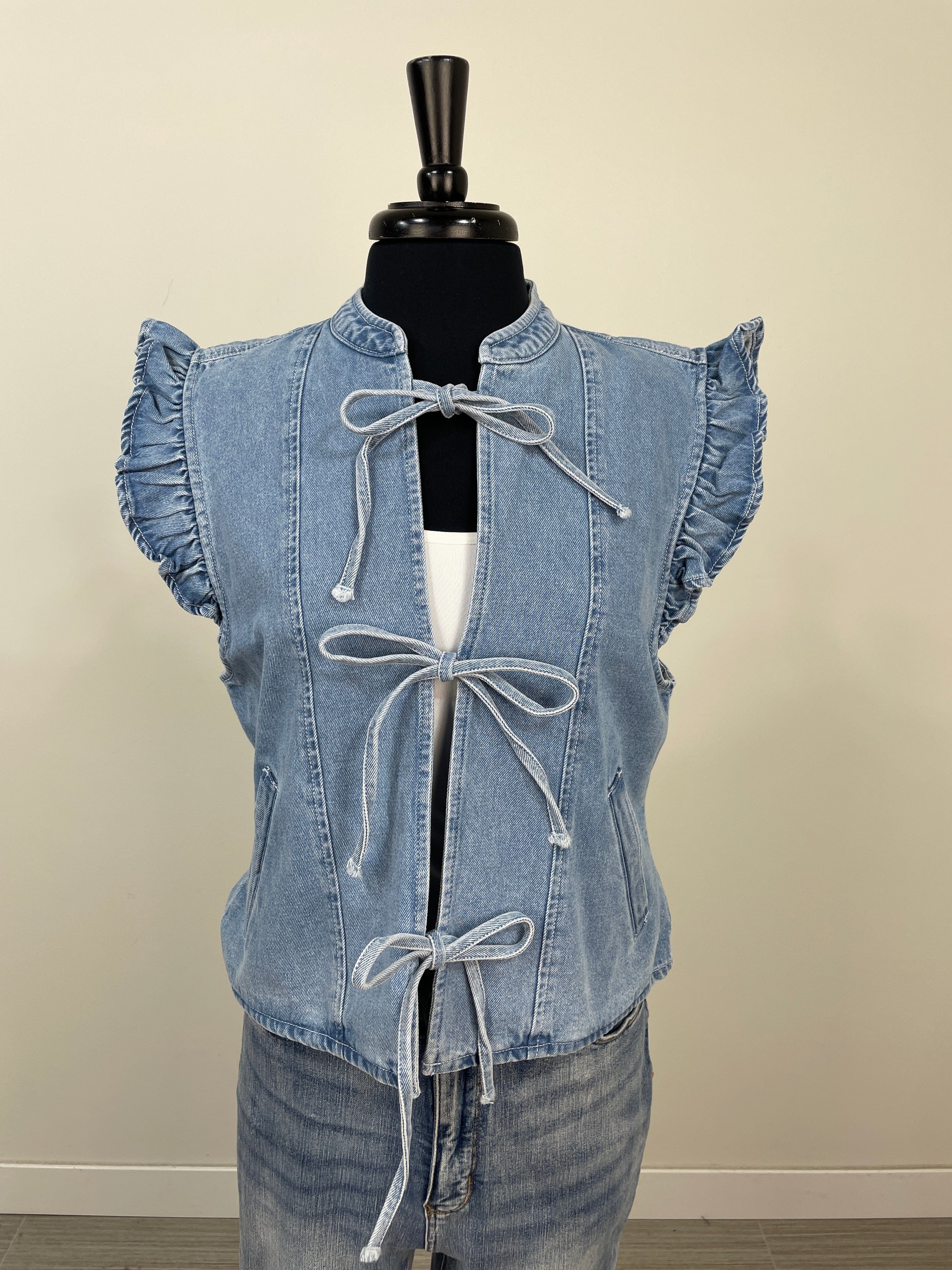 Light Denim Ruffle Tie Front Vest