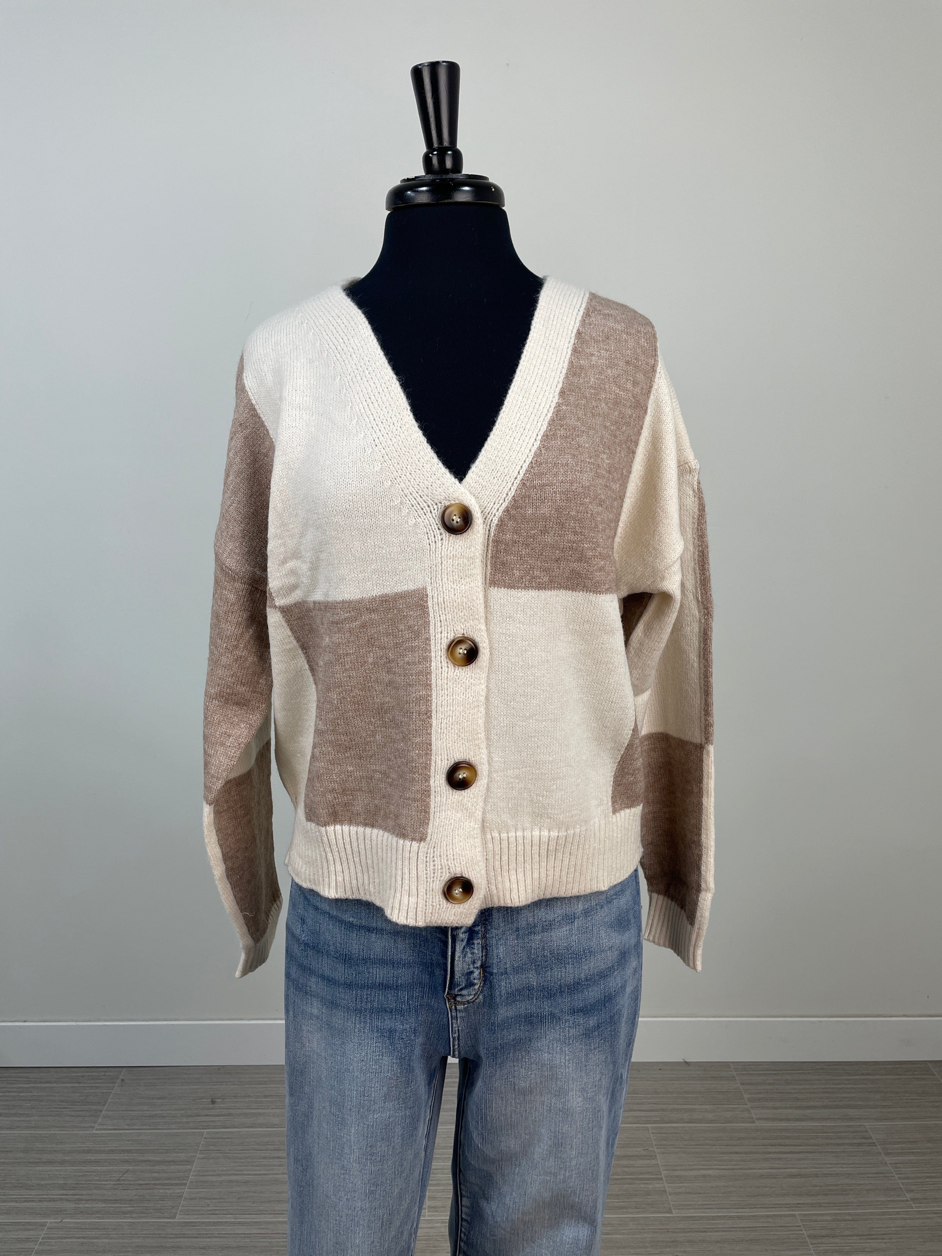 Taupe Color Block V-Neck Cardigan