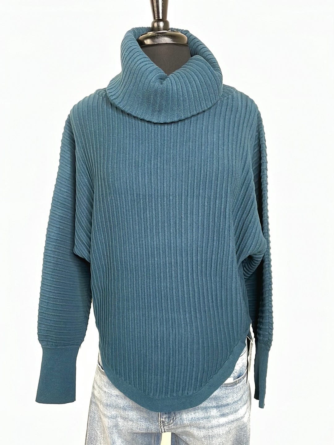 Teal Ribbed Sweater w/Cowl Neck