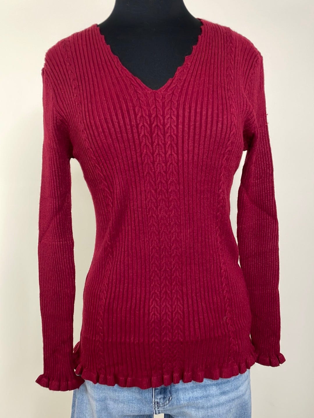 Burgundy Ruffle Trim Sweater Top