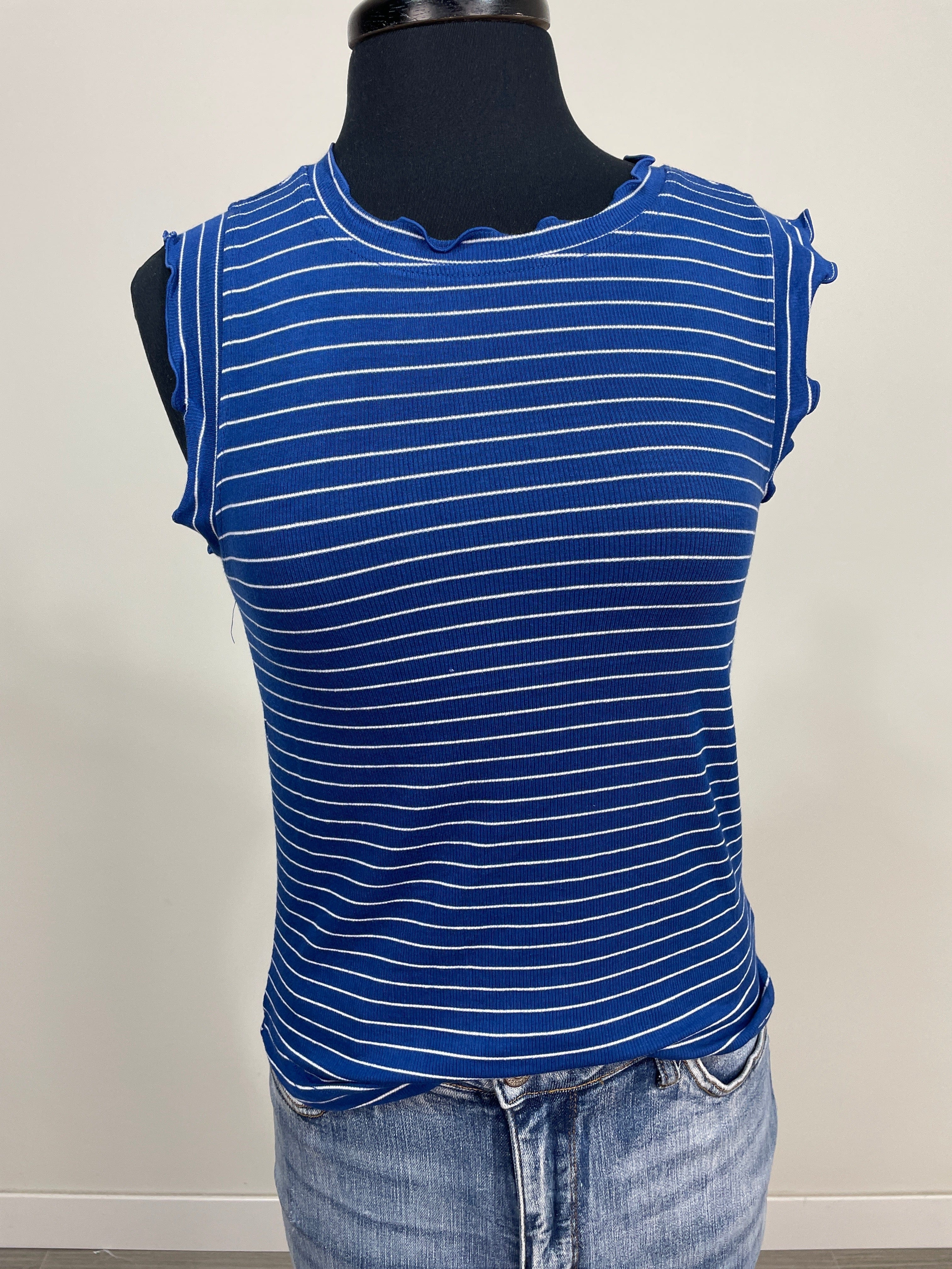 Navy Stripe Ruffle Trim Top