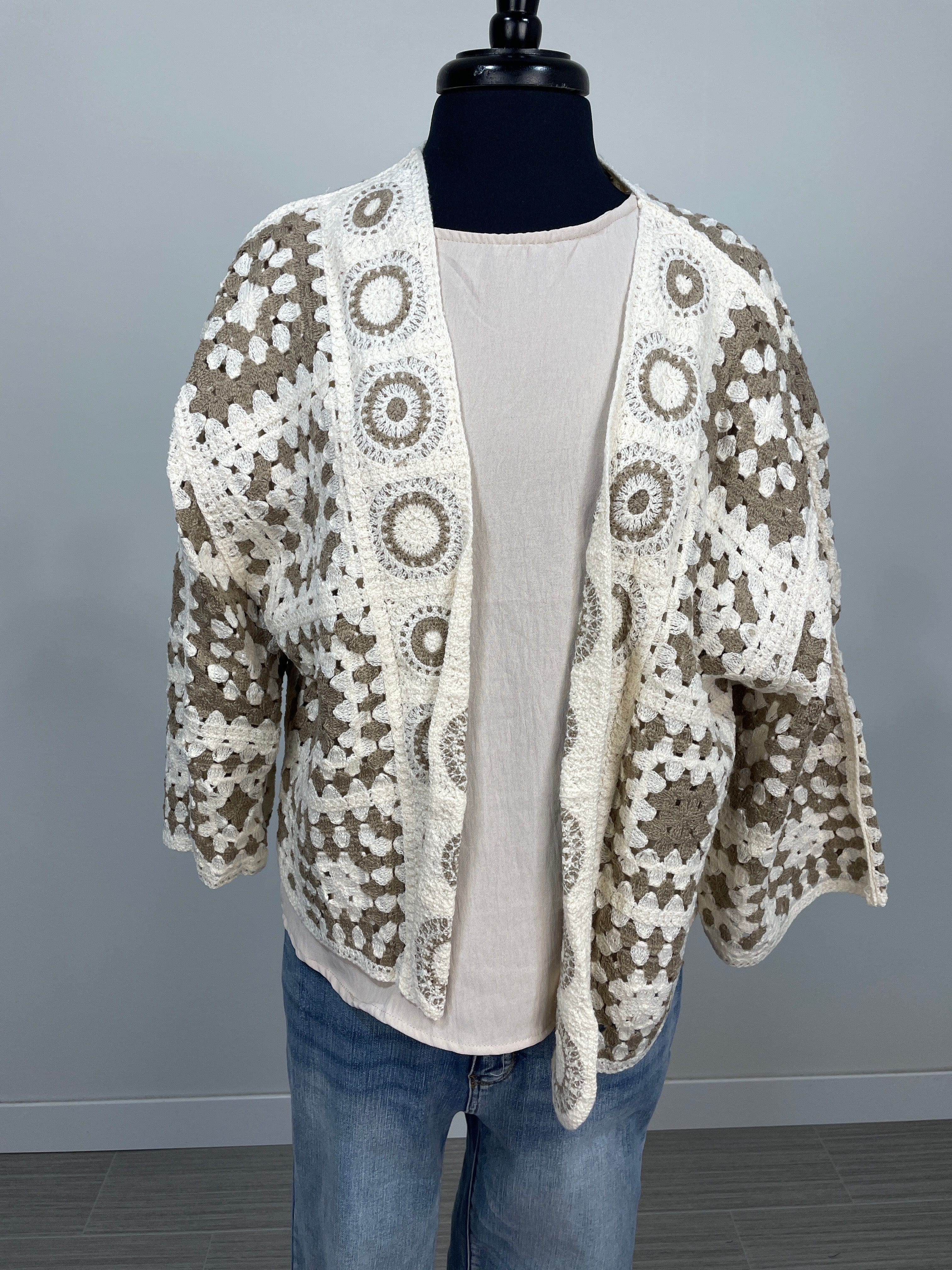Khaki Open Crochet Cardigan OS