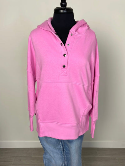 Candy Pink Half Button Hooded Pullover