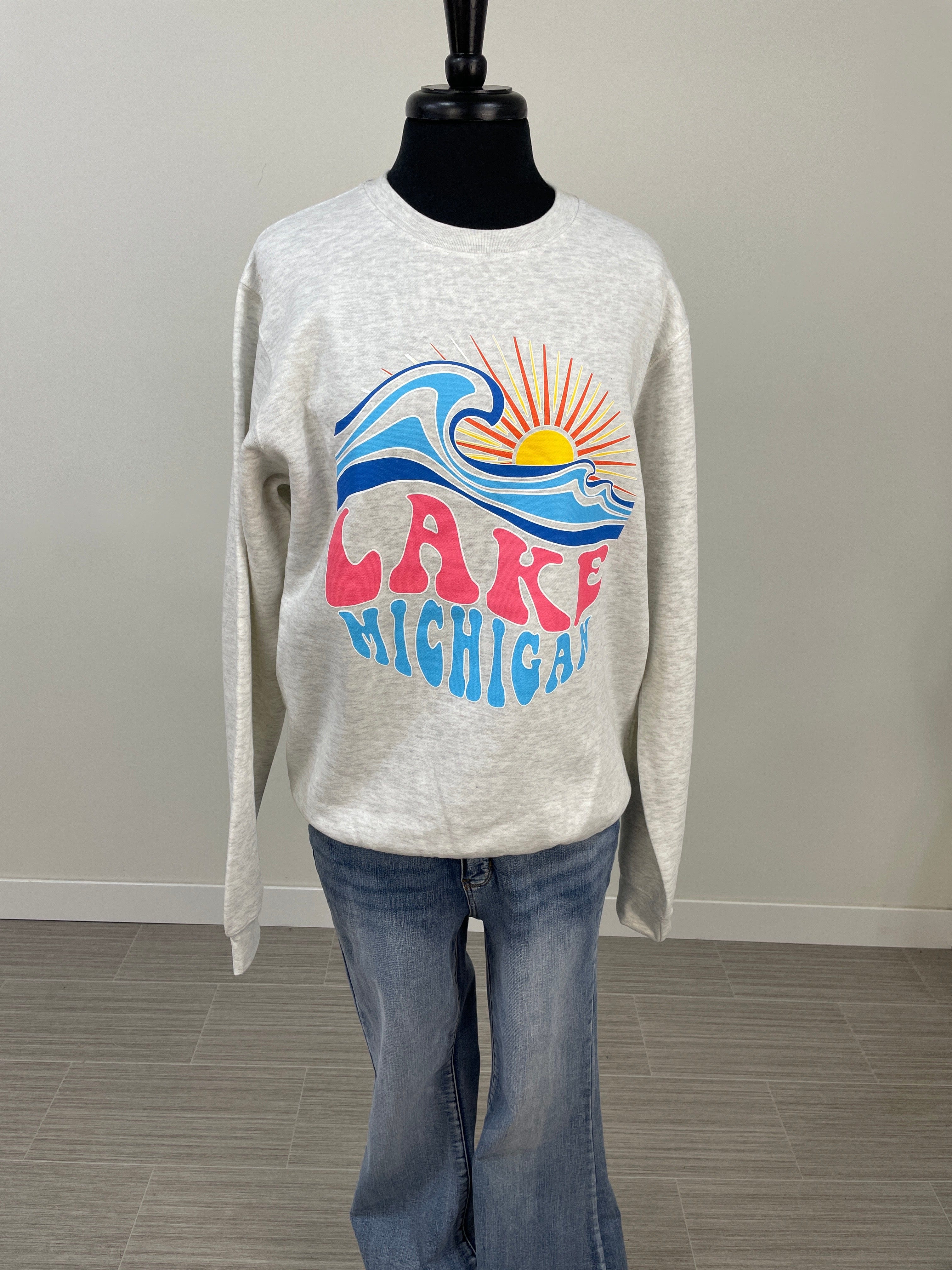 Heathered Grey Lake MI Sunset Pullover
