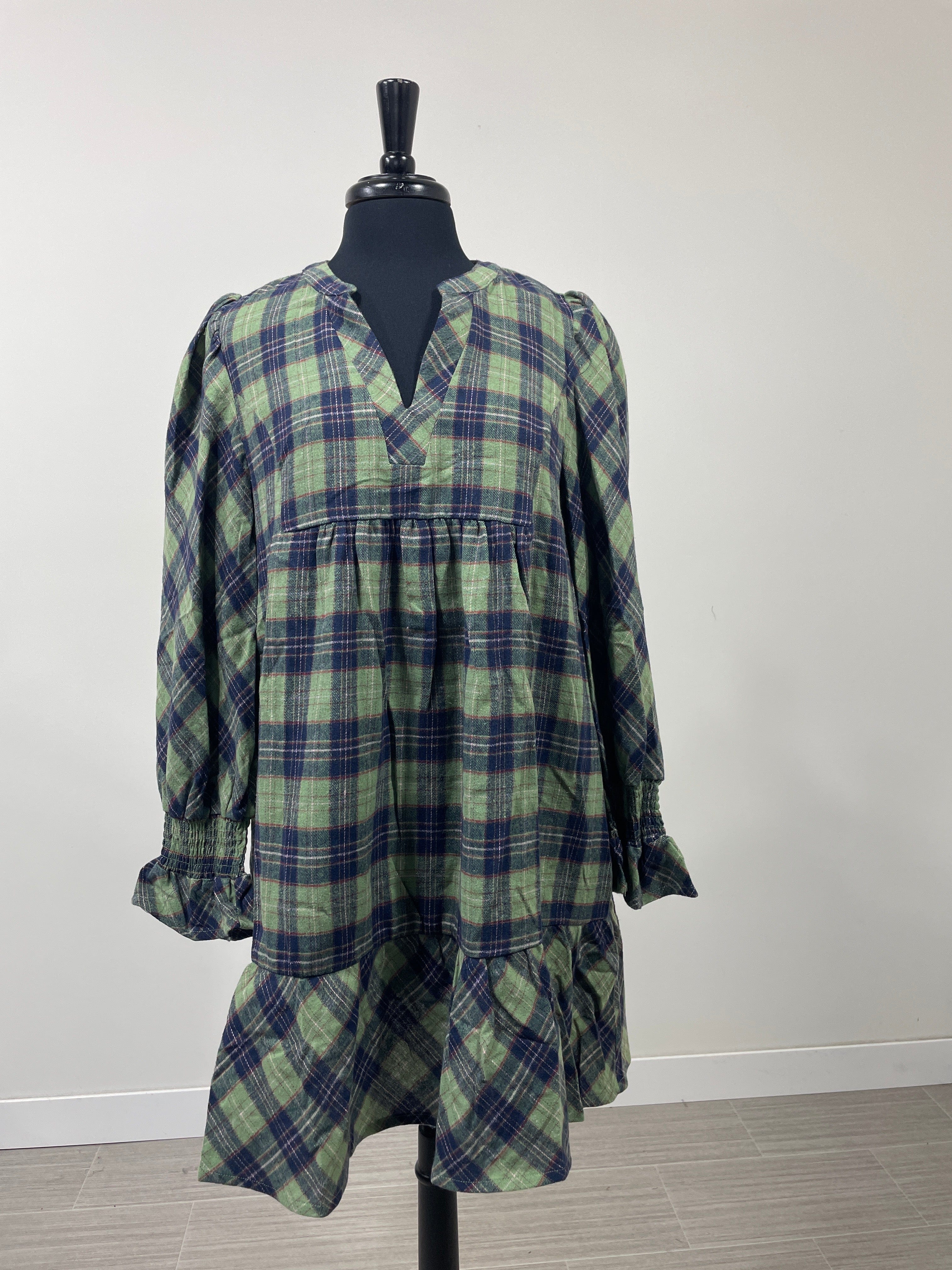 Sage Plaid V-Notch Smock Cuff Tiered Dress