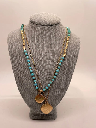 Turquoise Stone Beaded Square Pendant Necklace