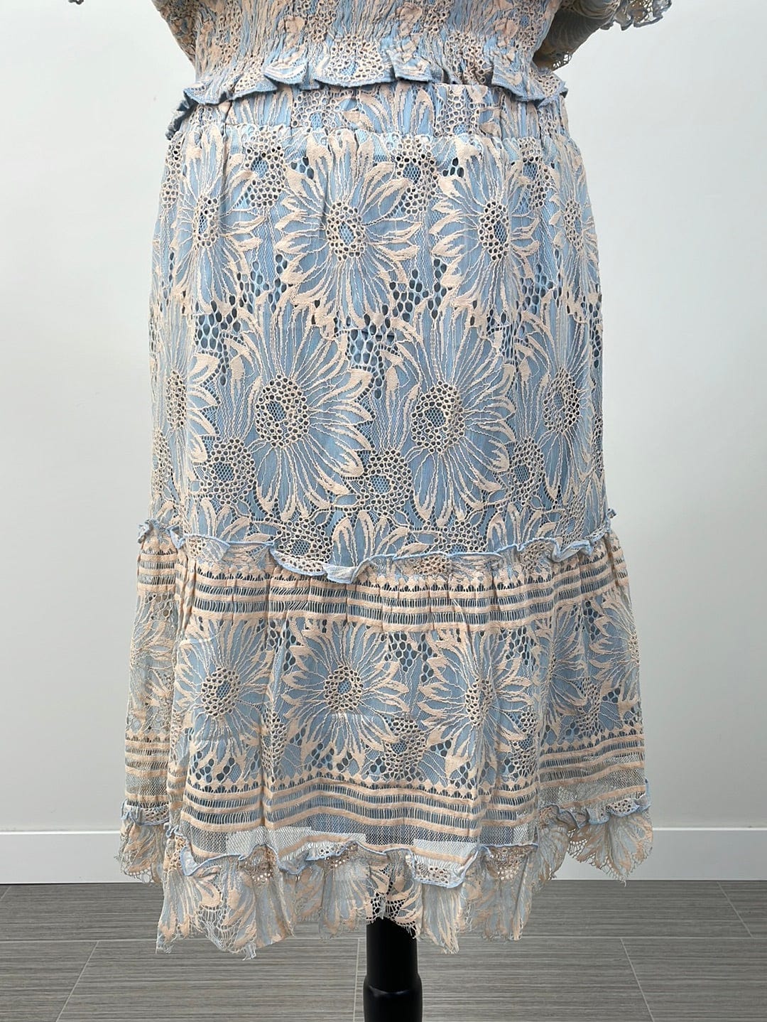 Blue Tiered Lace Midi Skirt