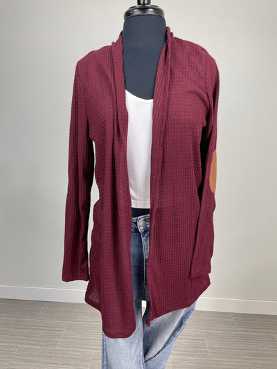 Burgundy Elbow Patch Waffle Cardigan