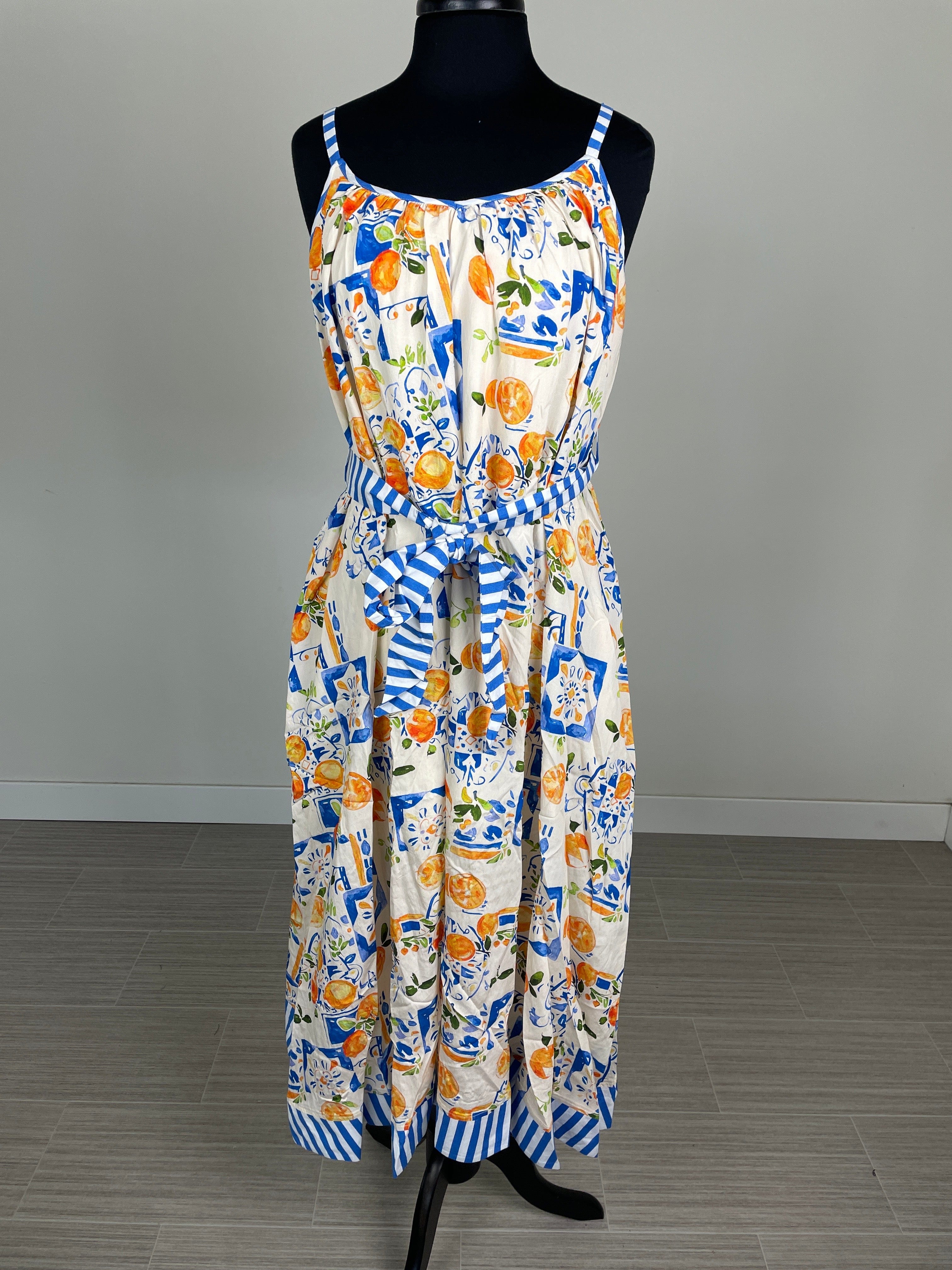 Blue & Yellow Lemon Print Front Tie Midi Dress