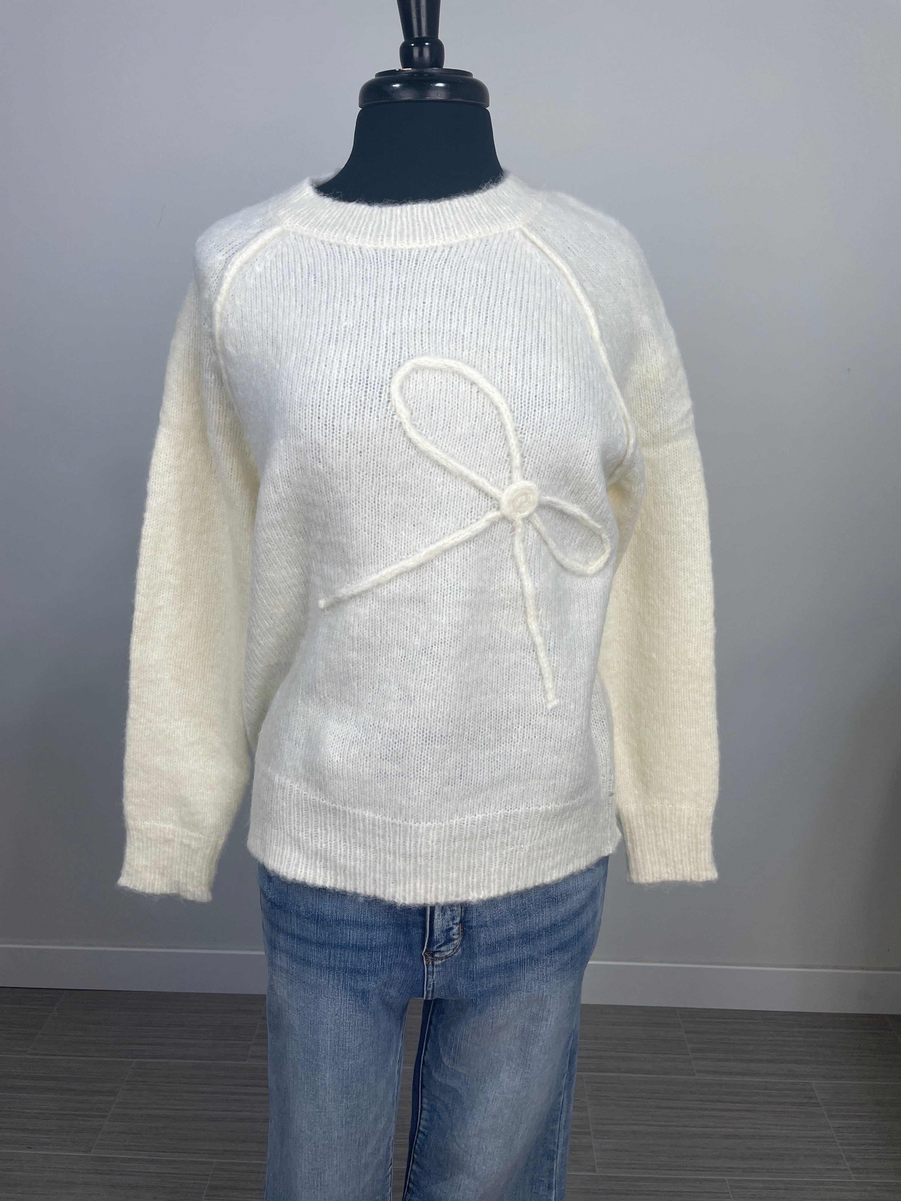 Ivory with Crochet Bow Detail Pullover Sweater