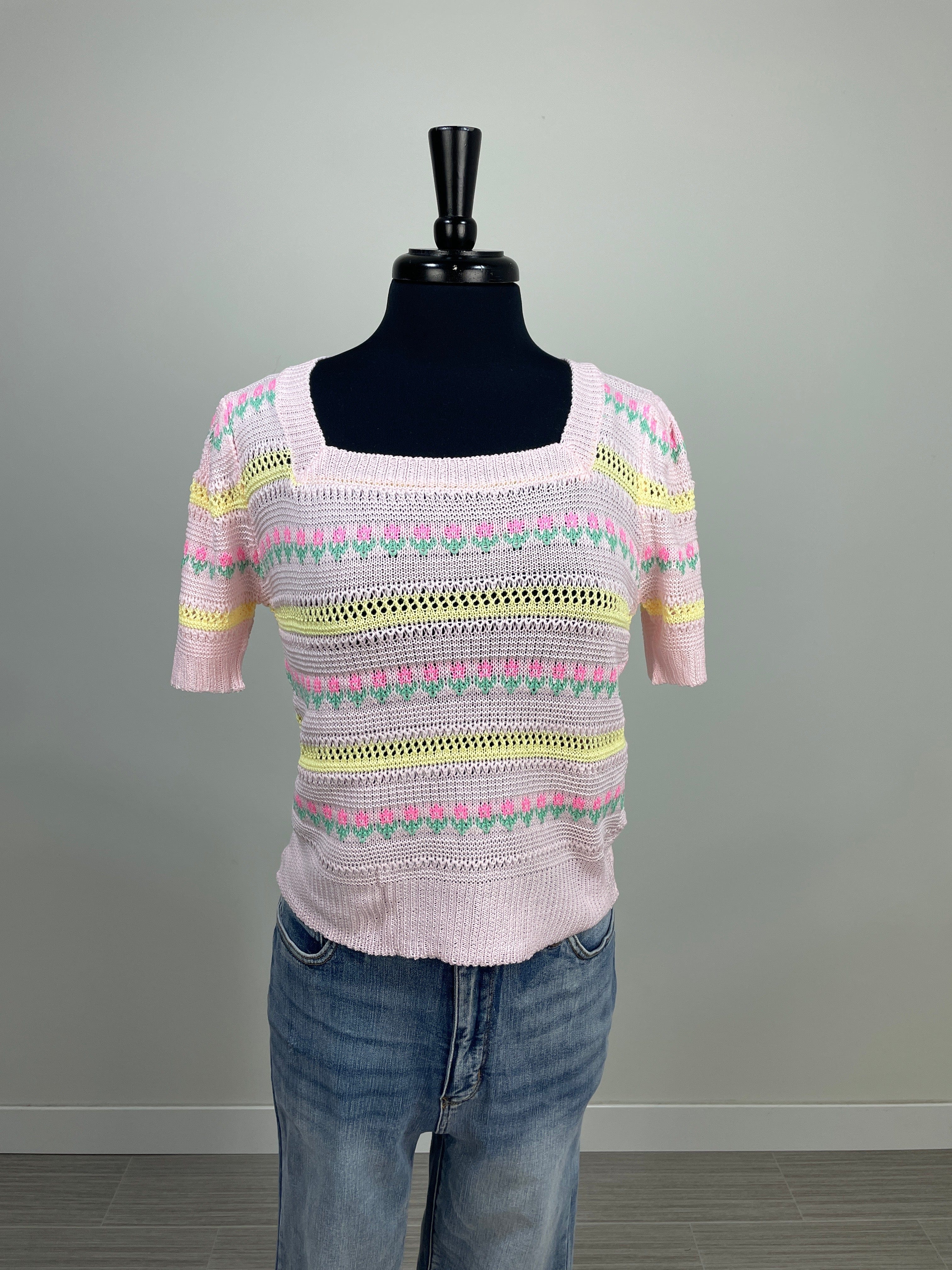 Pink Multi Flower Print Pointelle Knit Sweater