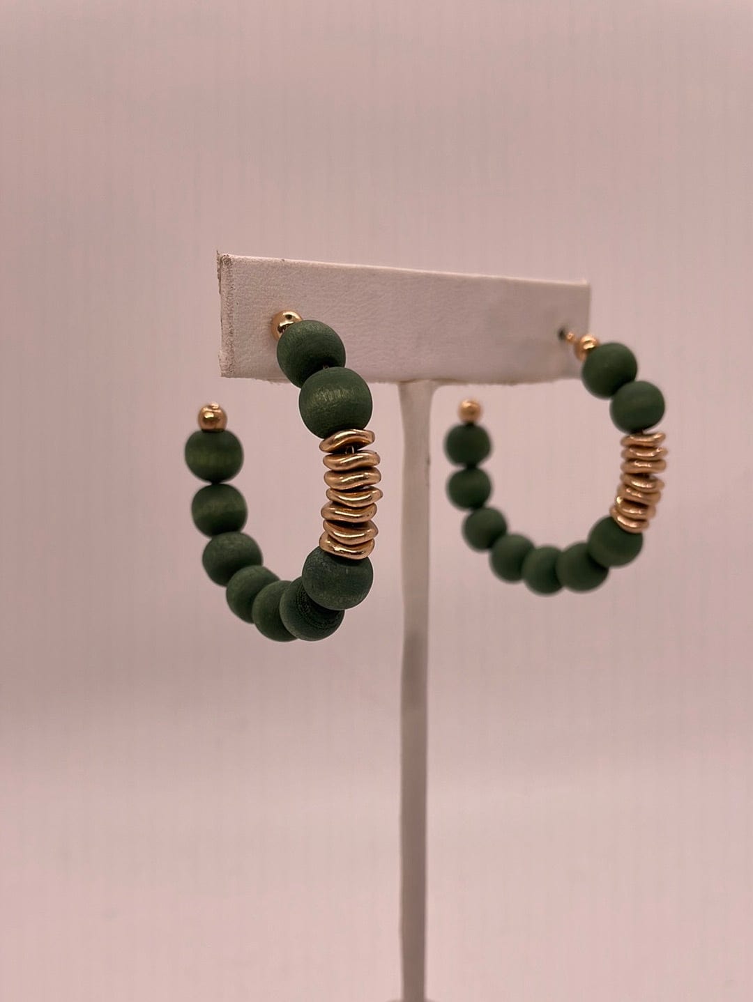 Evergreen Wood Bead & Gold Hoop Earring