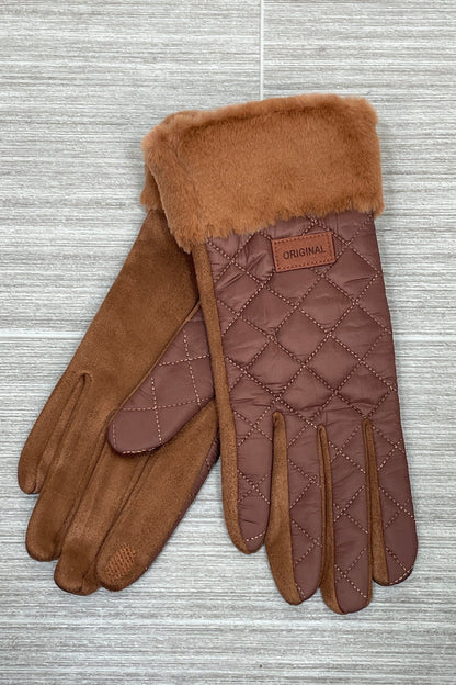 Camel Quilted Texture Faux Fur Cuff Glove