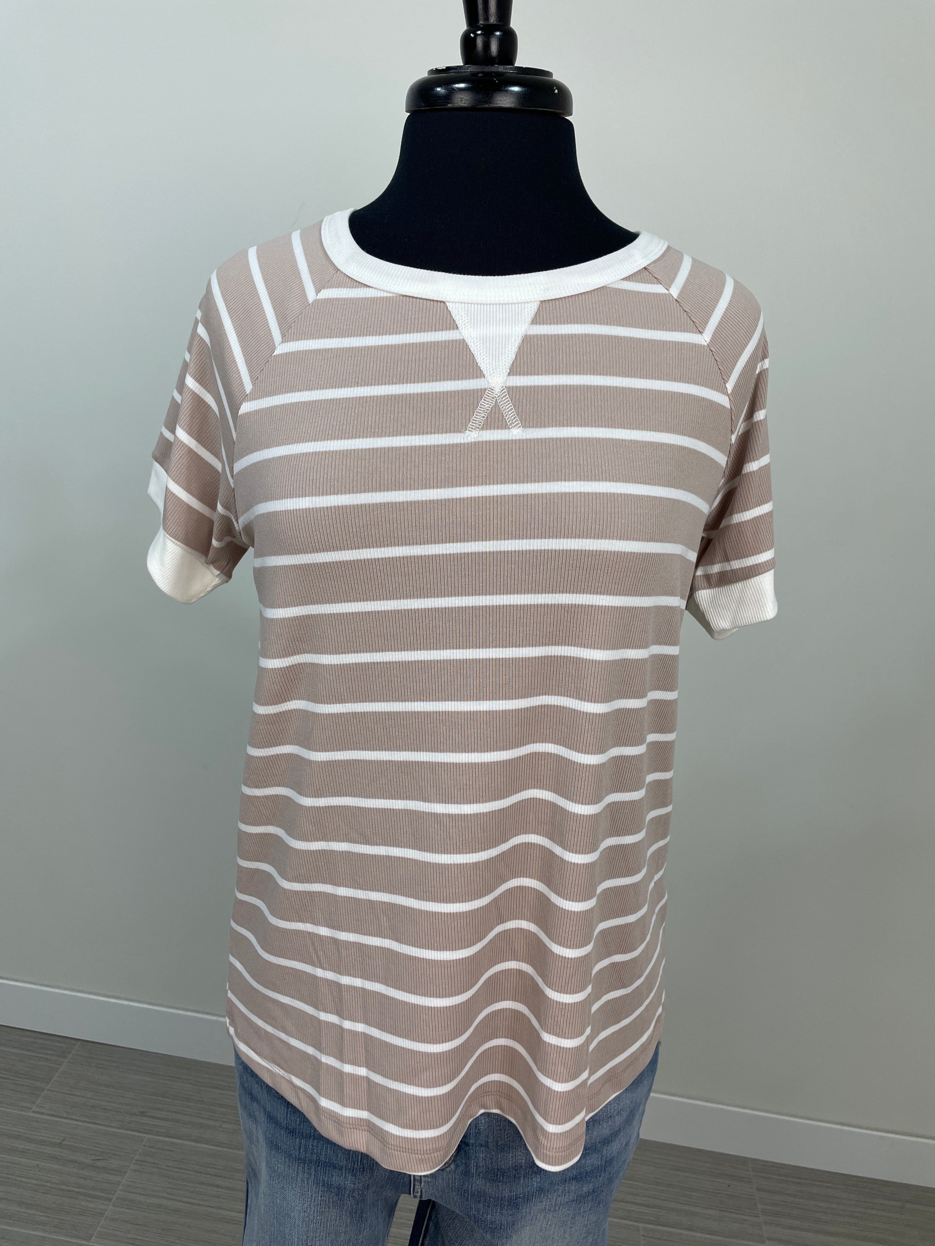 Oatmeal Stripe Ribbed Crew Neck Top