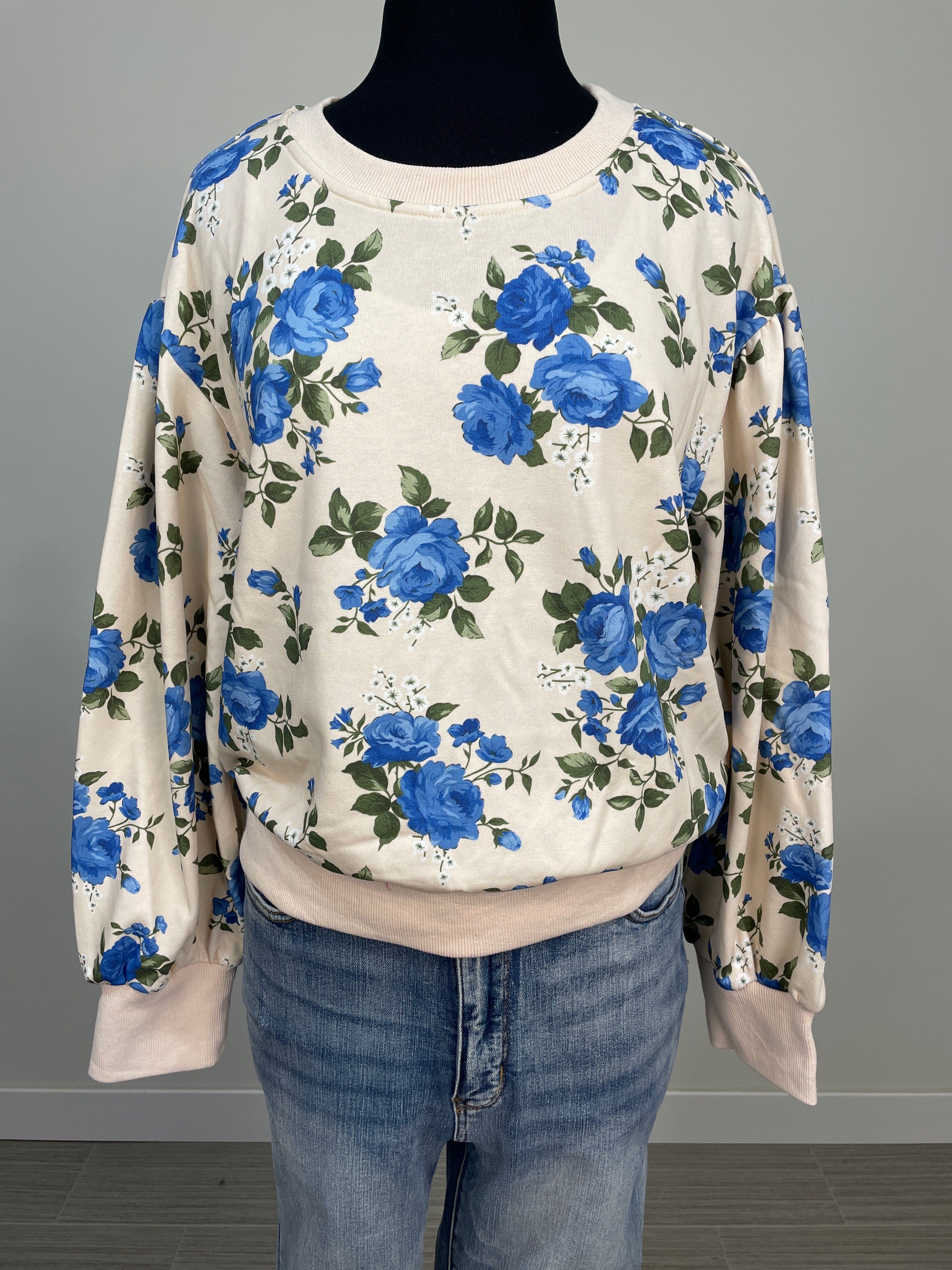 Oatmeal & Blue Rose Printed Pullover