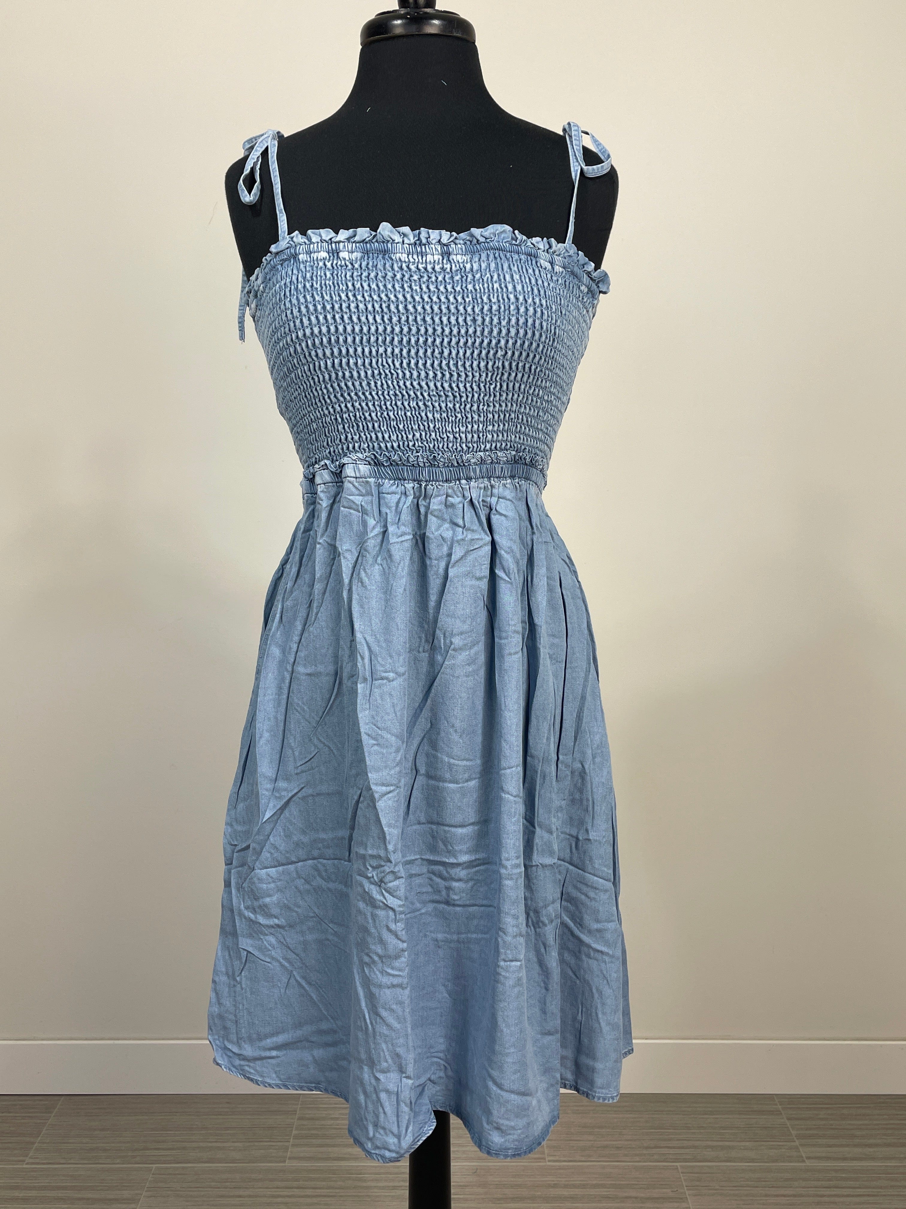 Denim Tie Strap Smocked Tencel Dress