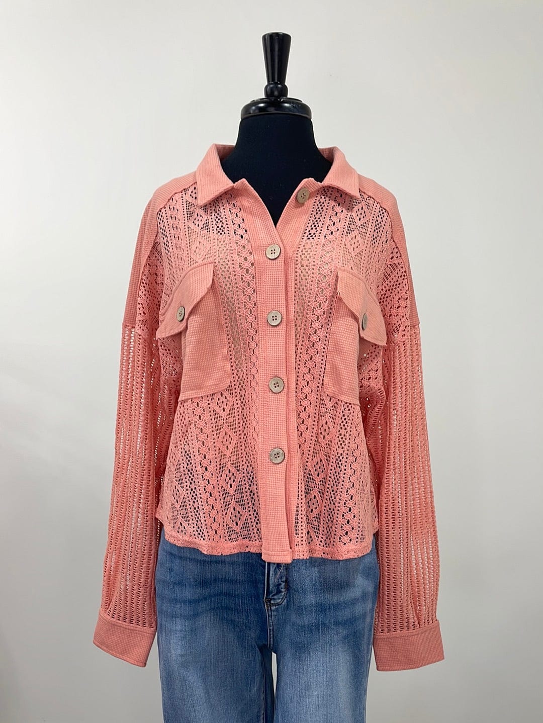 Salmon Lace Hollow Out Button Blouse