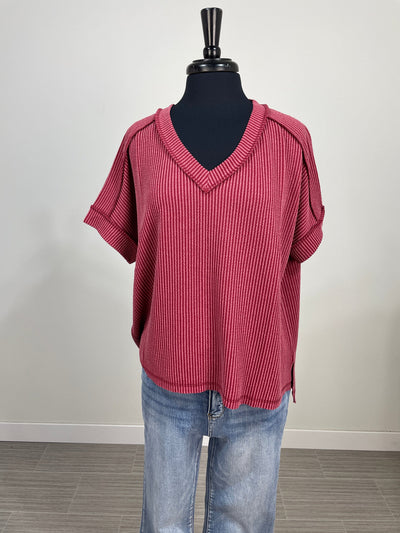 Burgundy Corded Rib Vneck Top
