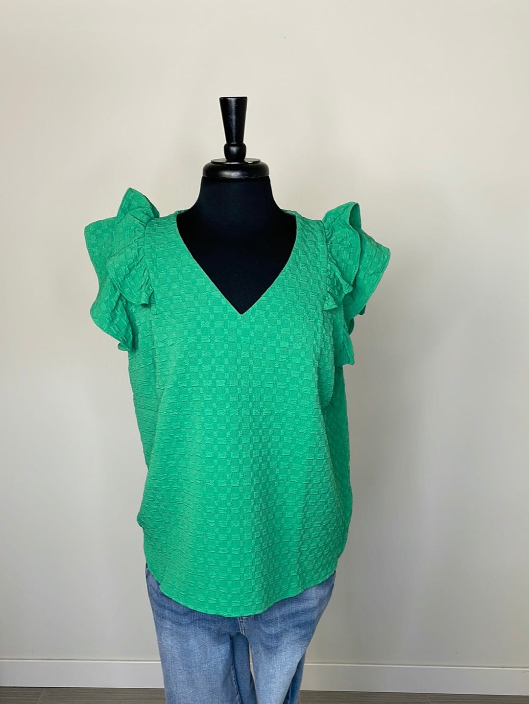 Green Jacquard Top w/Ruffle Sleeves