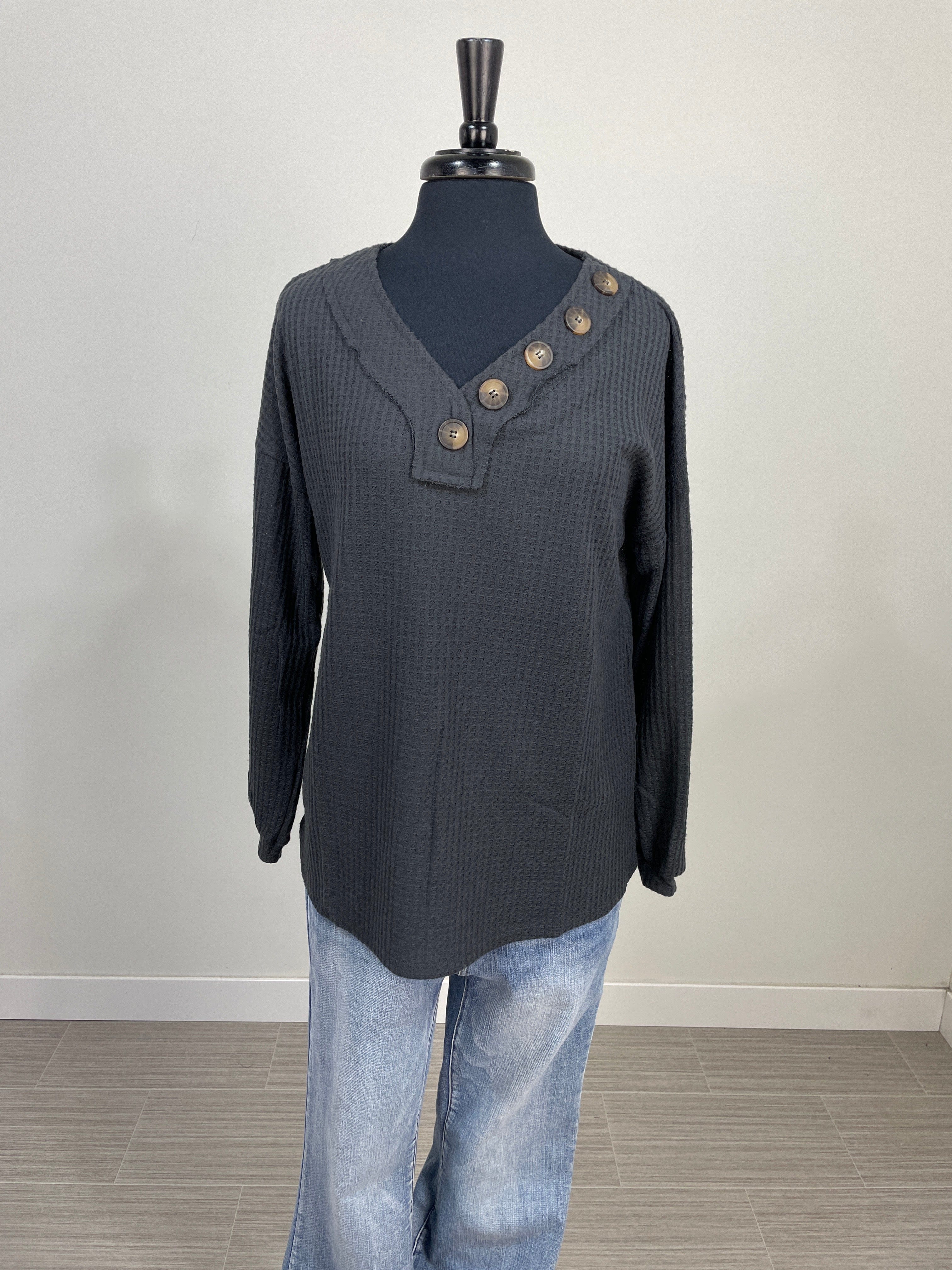 Ash Grey Henley Waffle Top