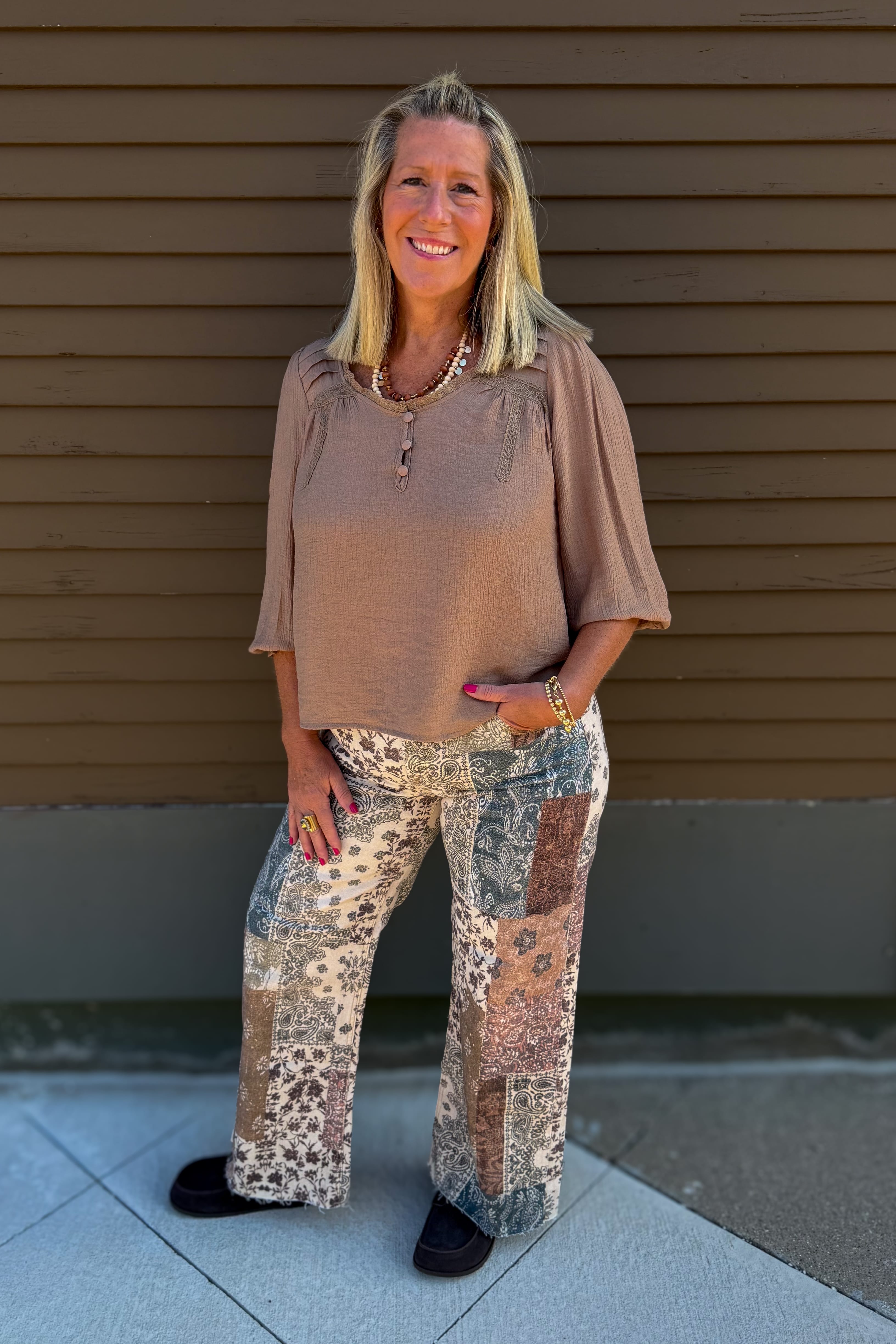 Mocha Crochet Trim Henley Top
