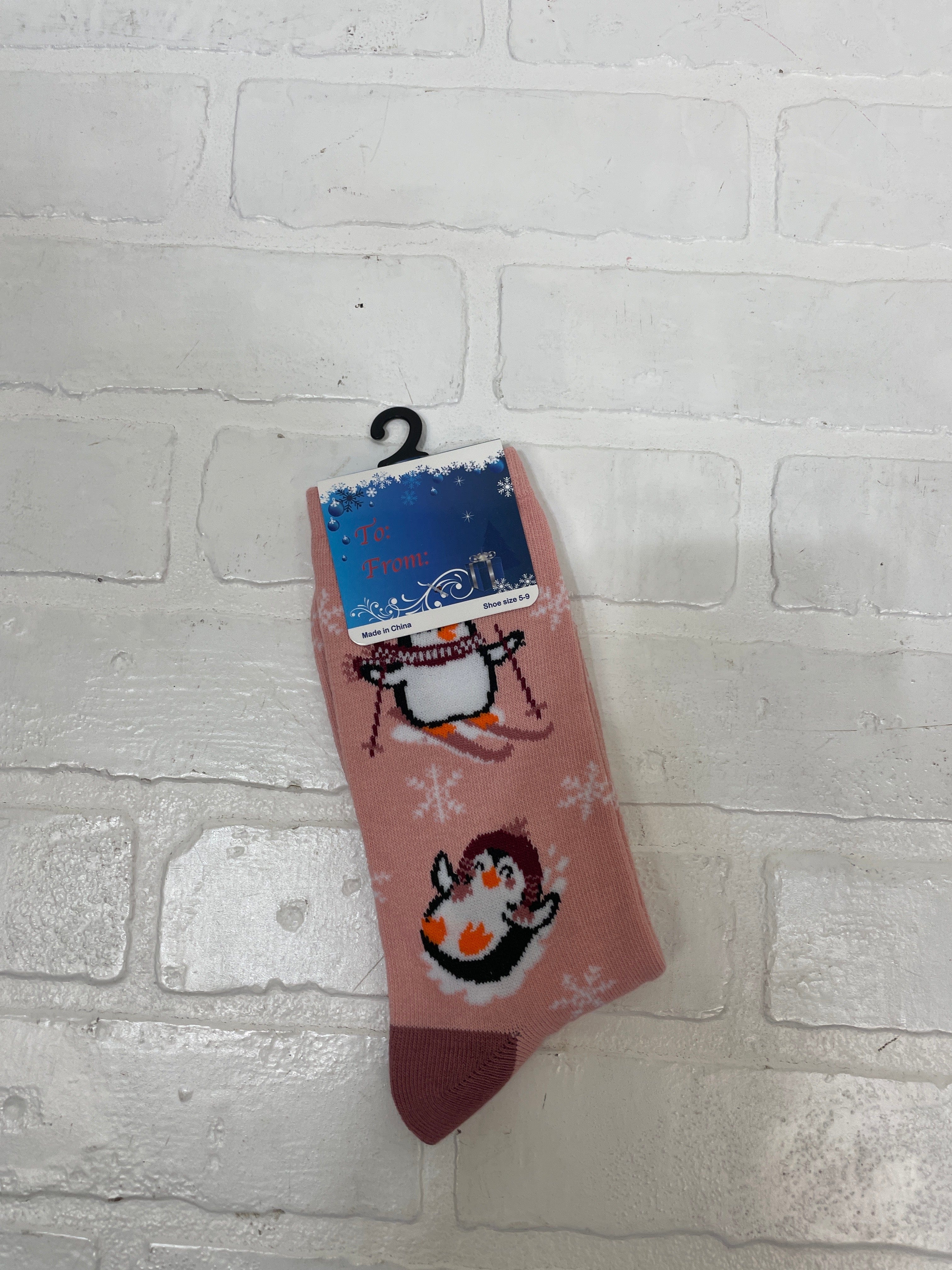 Pink Skiing Penguins Socks