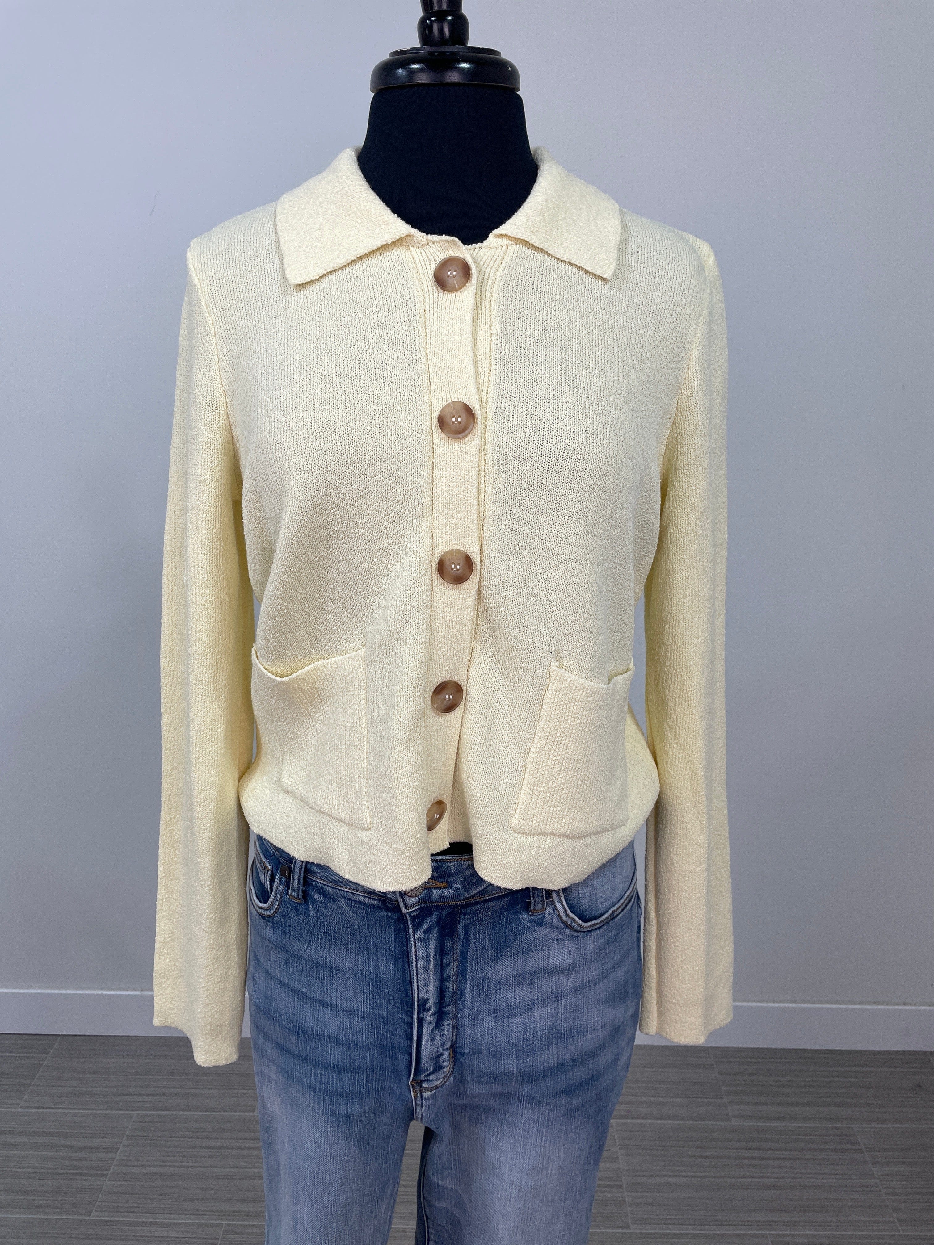 Butter Yellow Collared Button Up Cardigan Sweater