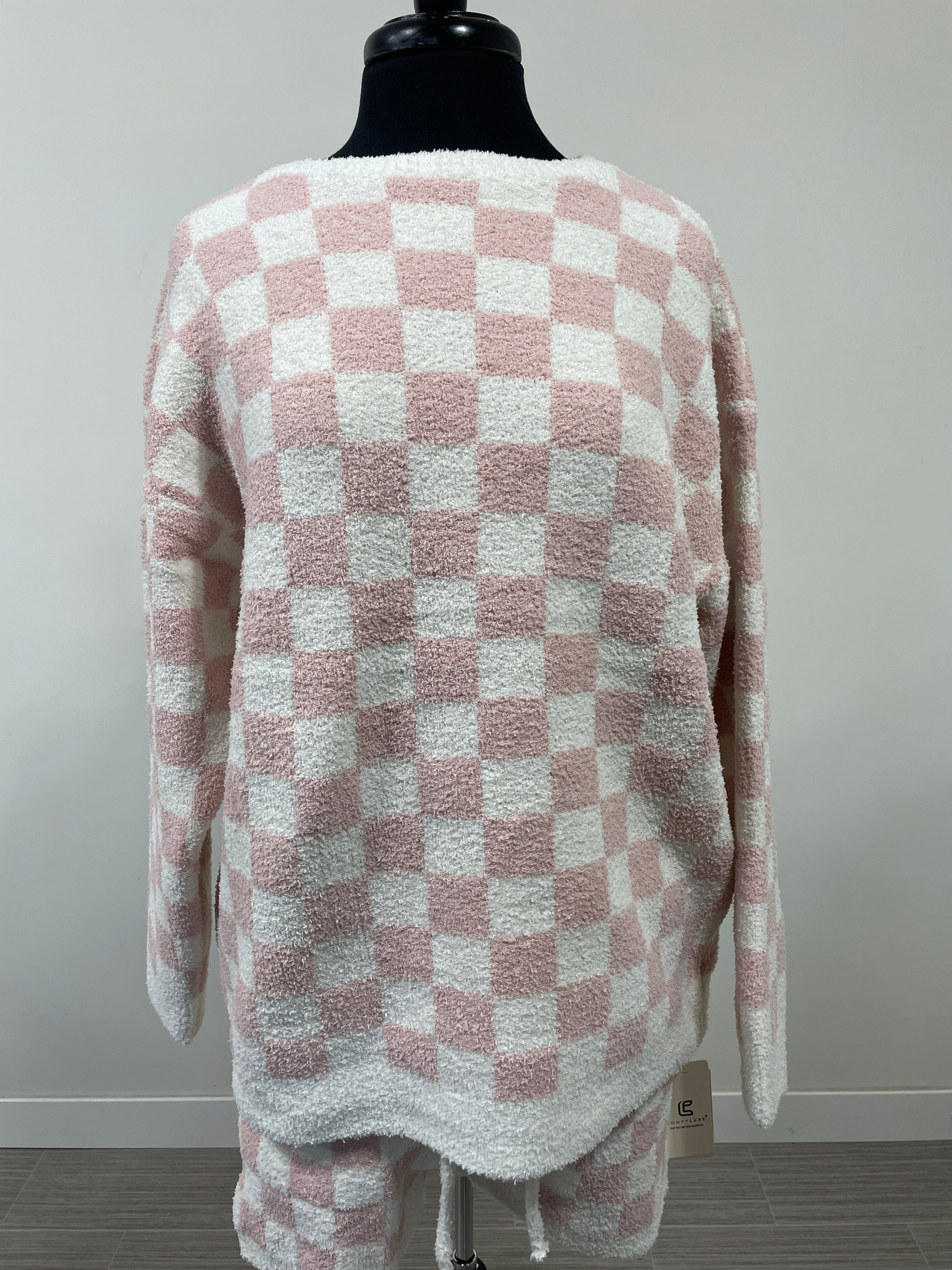 Pink Soft Checkered Crew Sweater