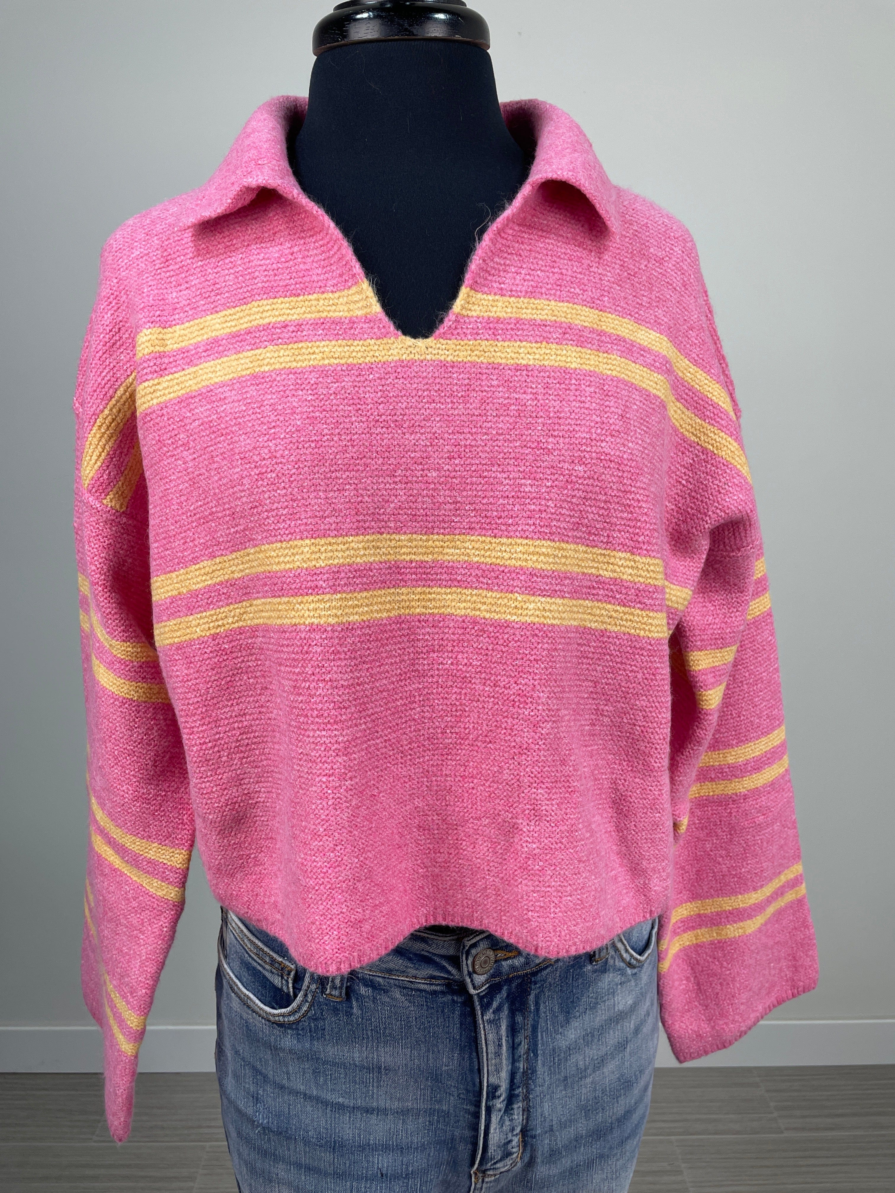 Light Fuchsia Soft Stripe V-Neck Collar Sweater