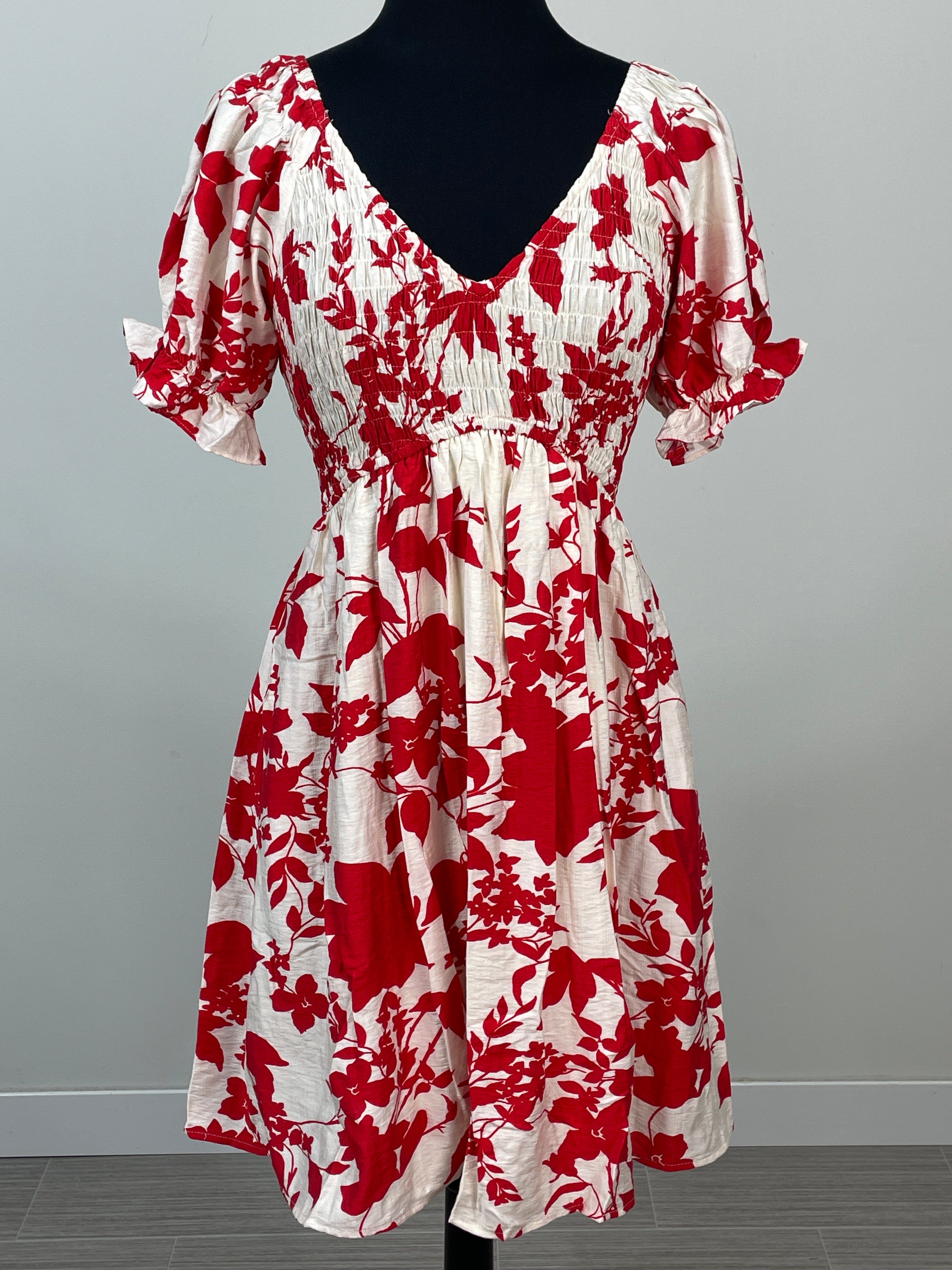 Red Floral Smocked Dress